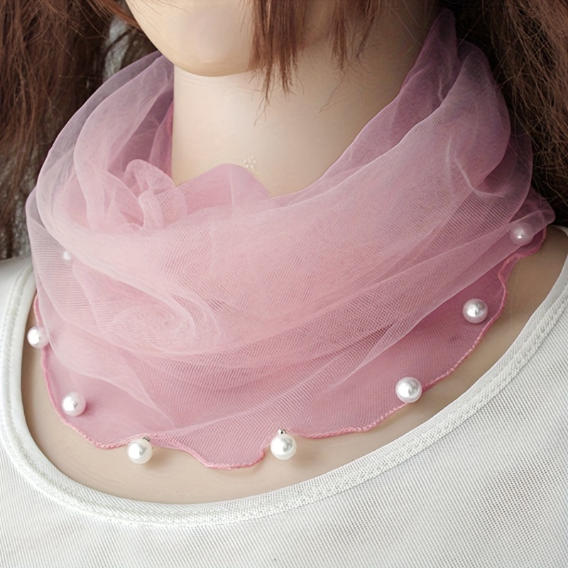 Faux Pearl Ruffle Scarf Gauze Neck Warmer Infinity Loop Scarf