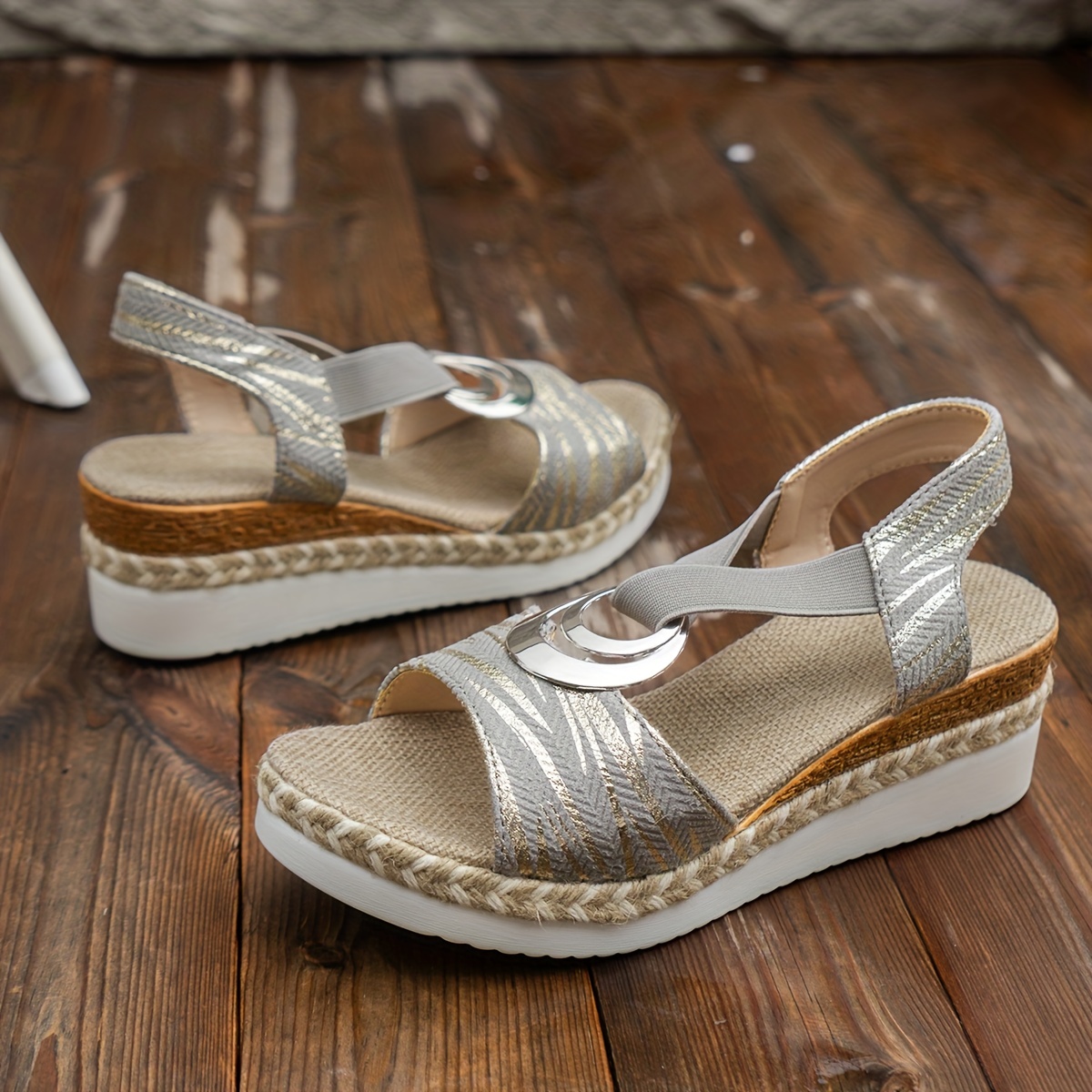 women s solid color wedge sandals buckle design platform details 4