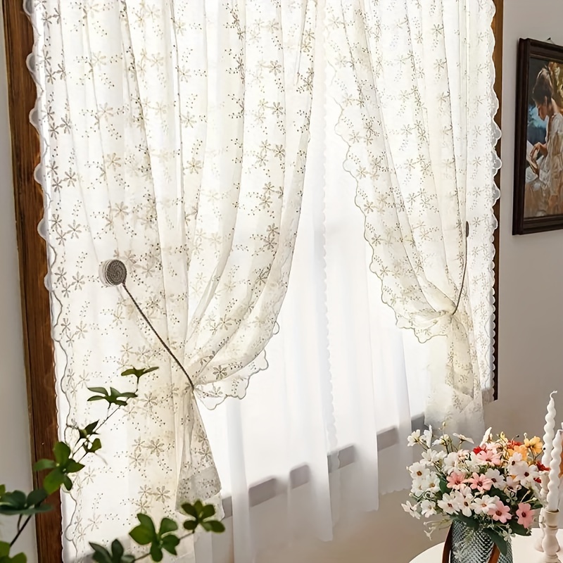 Cortinas blancas transparentes para sala de estar, paneles de cortina de  gasa bordados florales para dormitorio, cocina, comedor, 2 paneles/ancho x