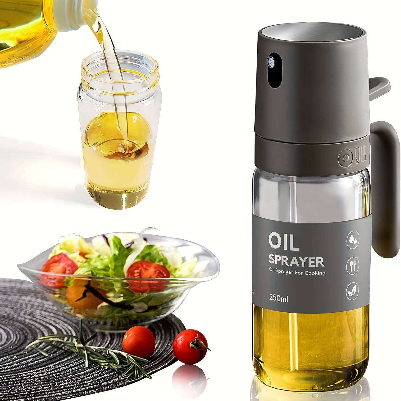 AHOUGER Pulverizador de aceite para cocinar, botella de espray de aceite de  7.1 fl oz, dispensador de aceite con vidrio premium y 3 boquillas