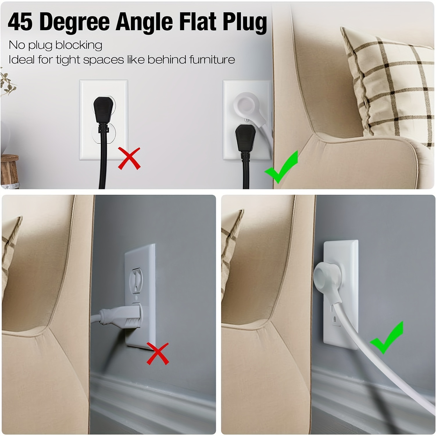 Power Strip with 6 AC Outlet, 3 Foot Cord and 45-Degree Angle Flat