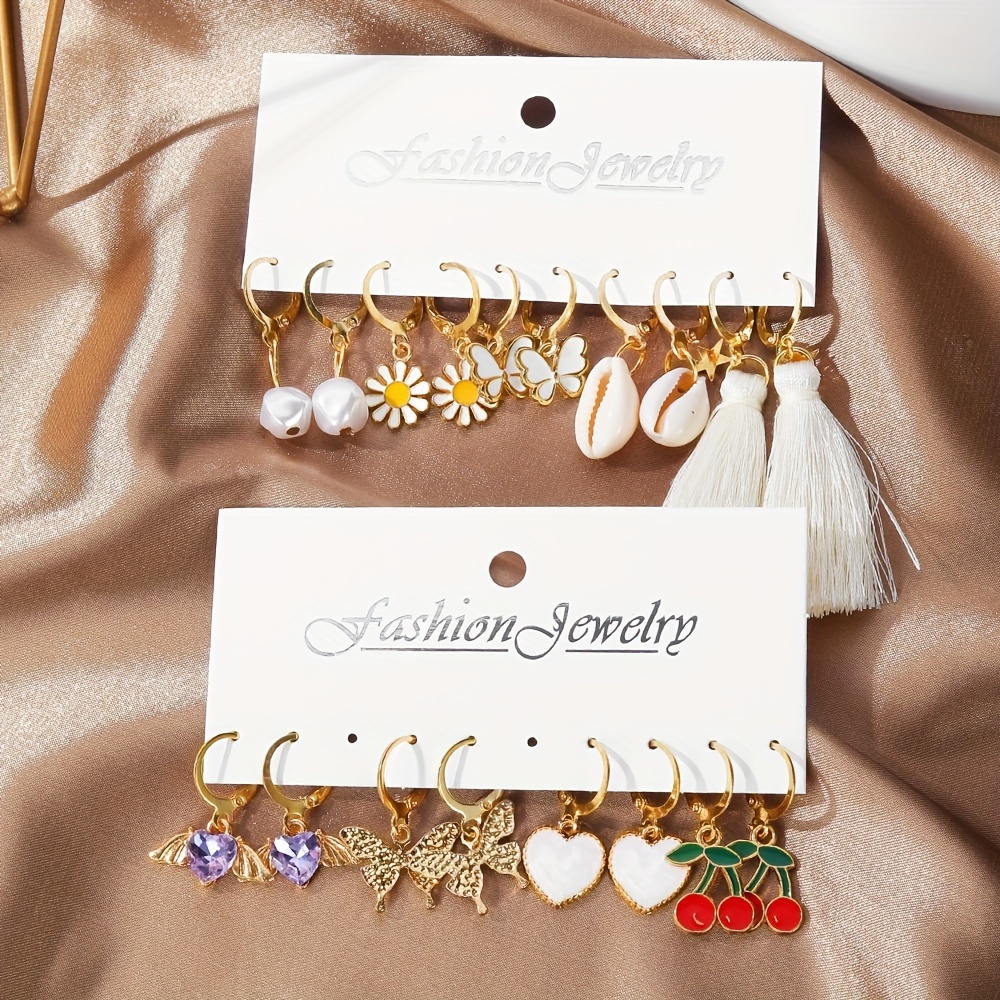 TEMU 18pcs Set/9 Pairs Of Fun, Delicate, And Cute Cherry, Daisy, Shell, And Pendant Earrings With Purple Rhinestone Heart Tassels, A Dangling Earring