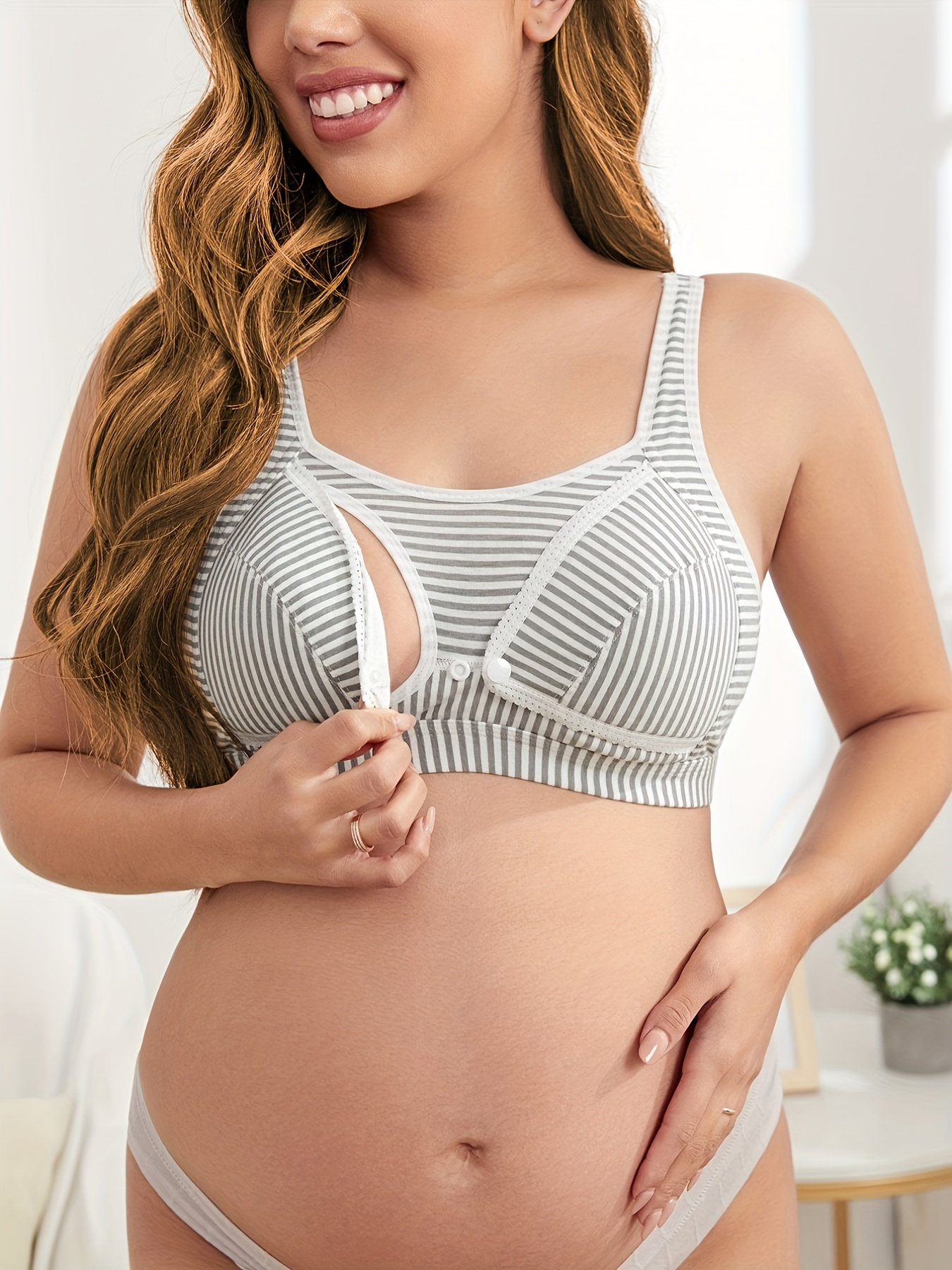 Stylish Striped Nursing Bra with Open Front Buckle