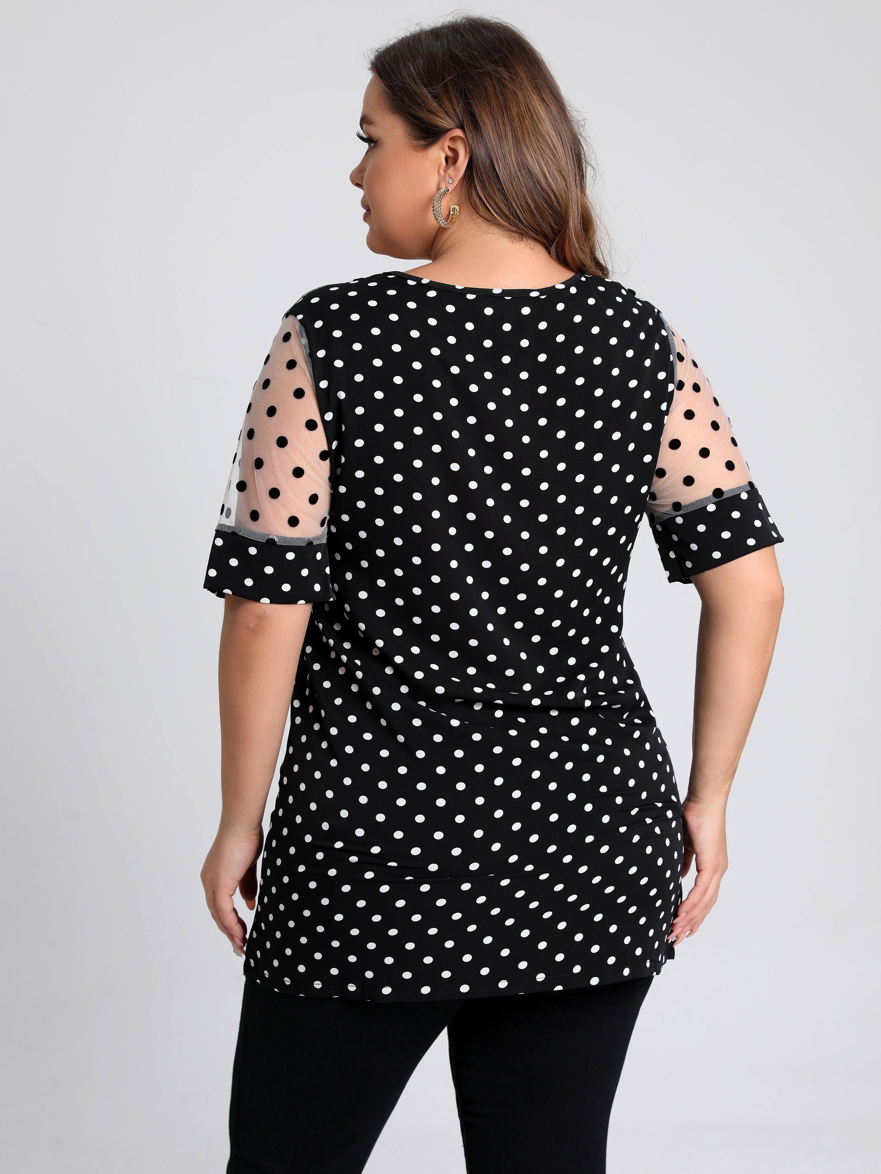 Plus Size Casual Blouse, Women's Plus Polka Dots Print Contrast Lace Short  Sleeve Round Neck Slight Stretch Blouse - Temu