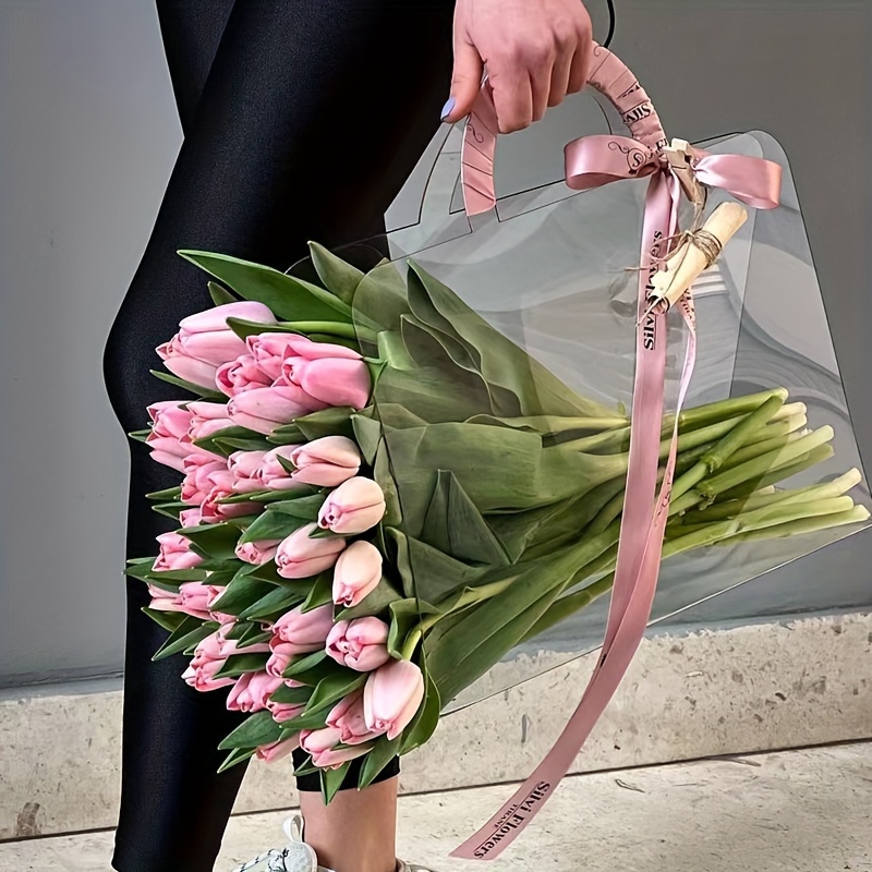 Bag Transparent Trapezoidal Flower Net Red Handbag Bouquet Plastic Handbag  Flower Packaging Material For Bouquet Bag Baked Dessert Hand Carrying Bag -  Temu