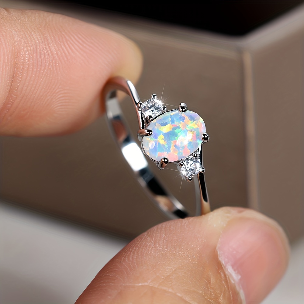 Women's Oval Australian Opal Ring in 925 Sterling Silver