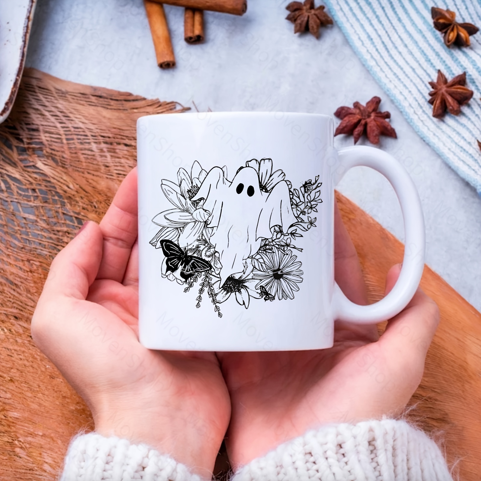 Ghost and Flowers Cup, Ghost Floral Cup, Halloween Cup with Lid