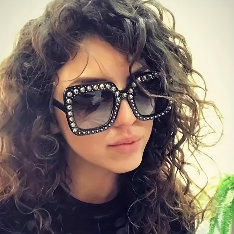 Oversized Square Sunglasses Rhinestone Gradient UV400