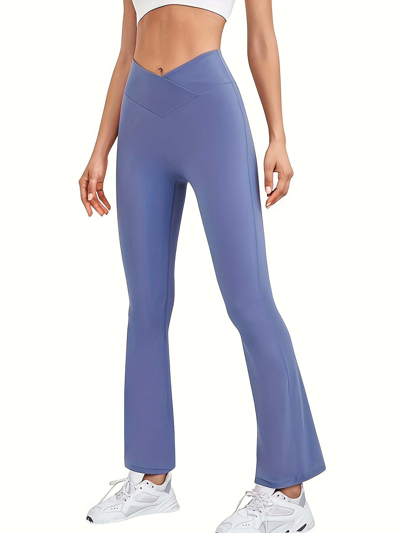 Cross Waist Solid Color Pocket Flare Leg Pants, High Stretch Yoga Sports  Bootcut Leggings, Women's Activewear