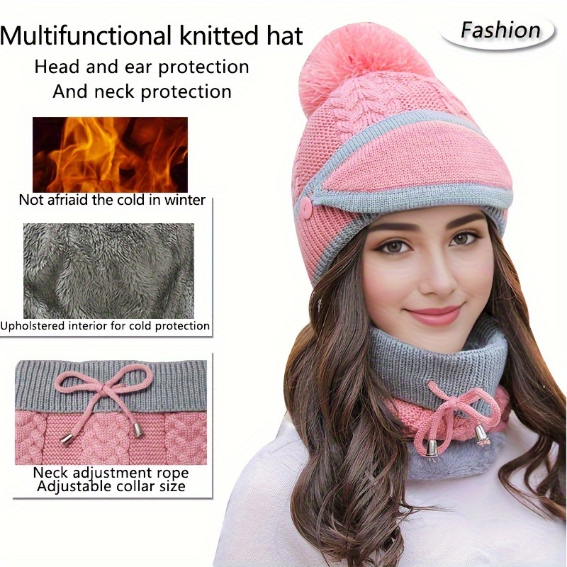 

Winter Women's Fashion Solid Color Fur Ball Knitted Hat Head Cover Ear Protection Neck Gaiter Three-in-one Multifunctional Hat, Casual Comfortable Thickened Warm Windproof Coldproof Beanie Hat