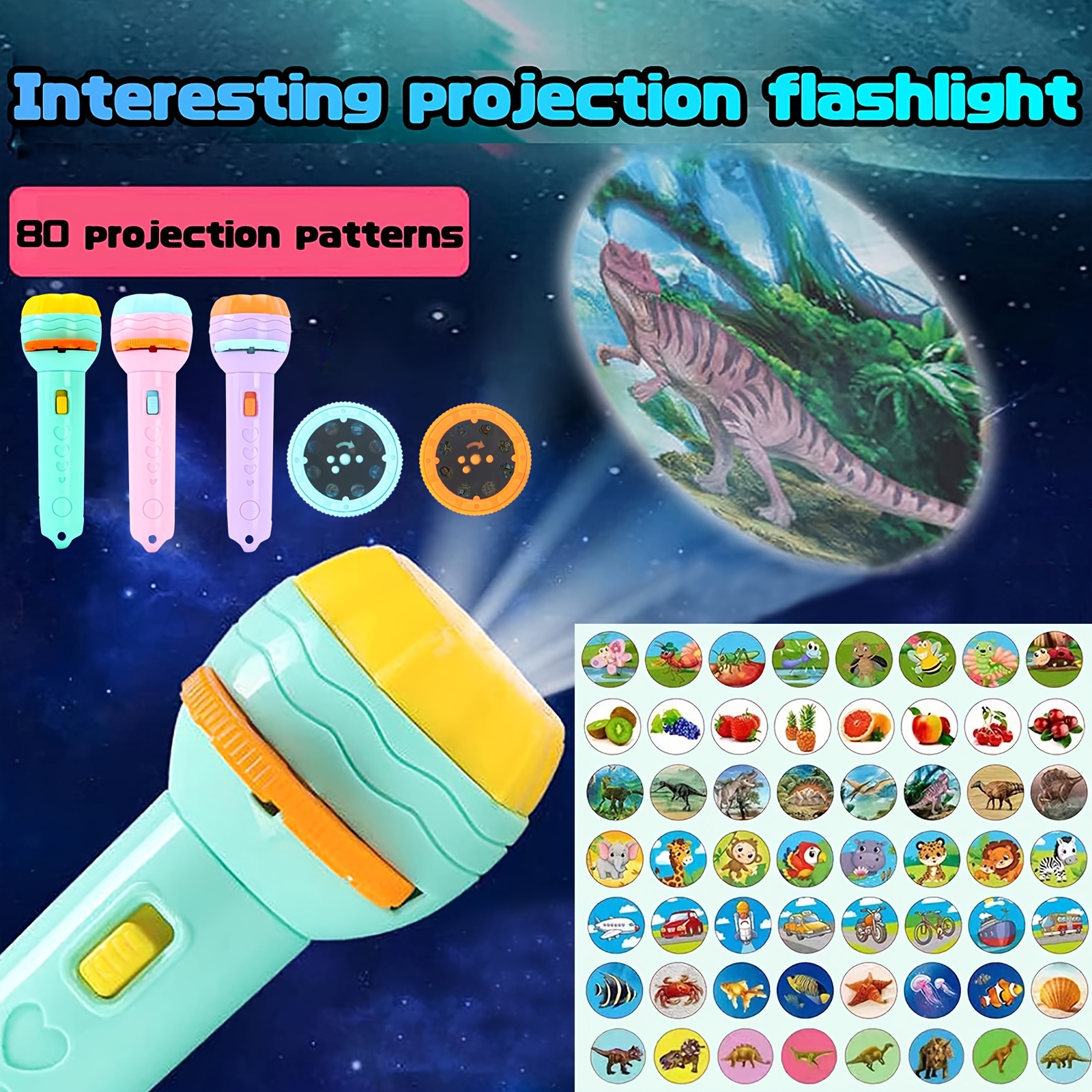Linterna infantil con proyector de oso de color con 48 patrones, incluye  dinosaurios, vehículos, animales, proyector de aprendizaje educativo de 26
