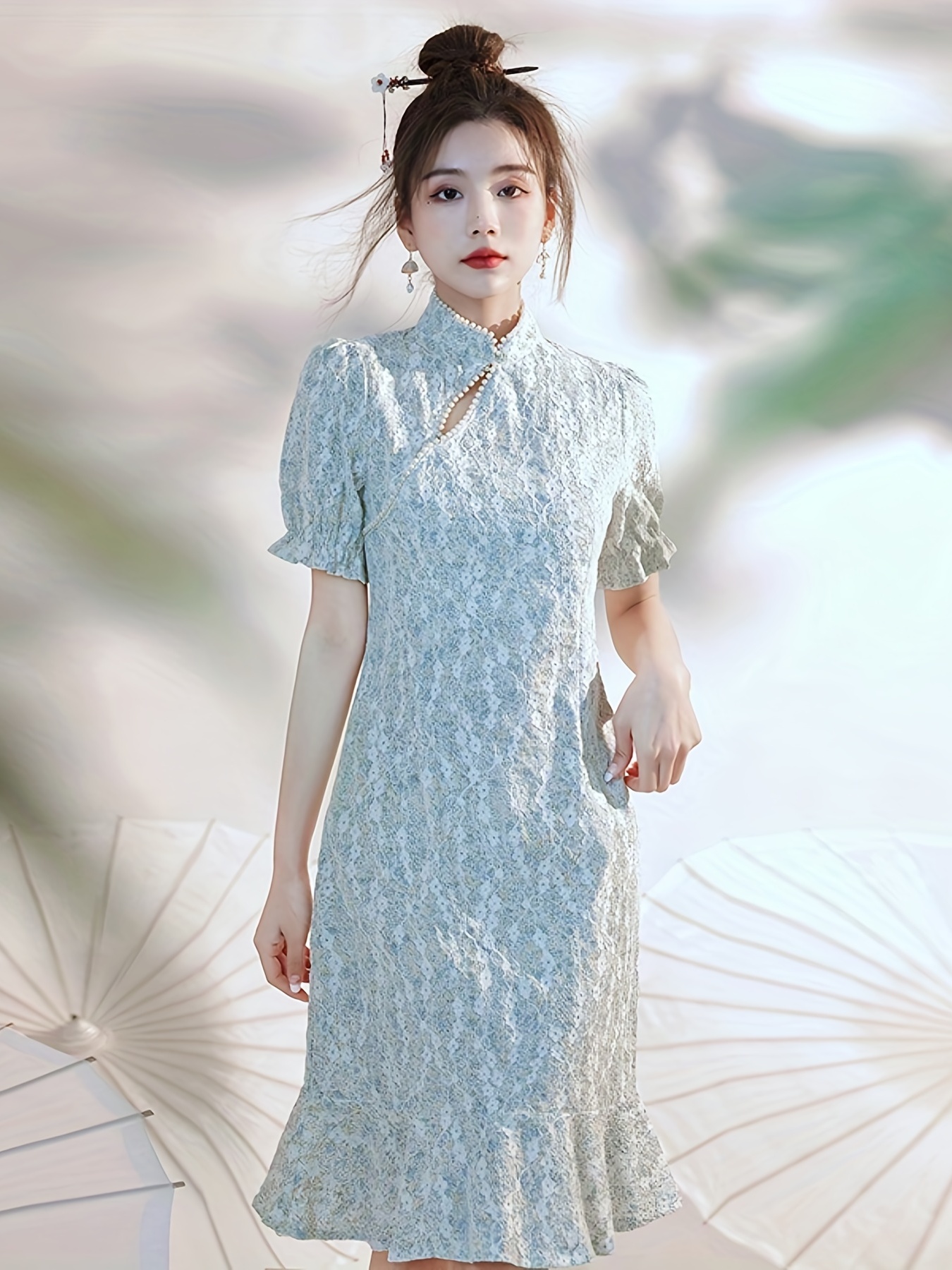 Chinese Vintage Floral Pattern Cheongsam, Short Sleeve * Collar Dress,  Women's Clothing