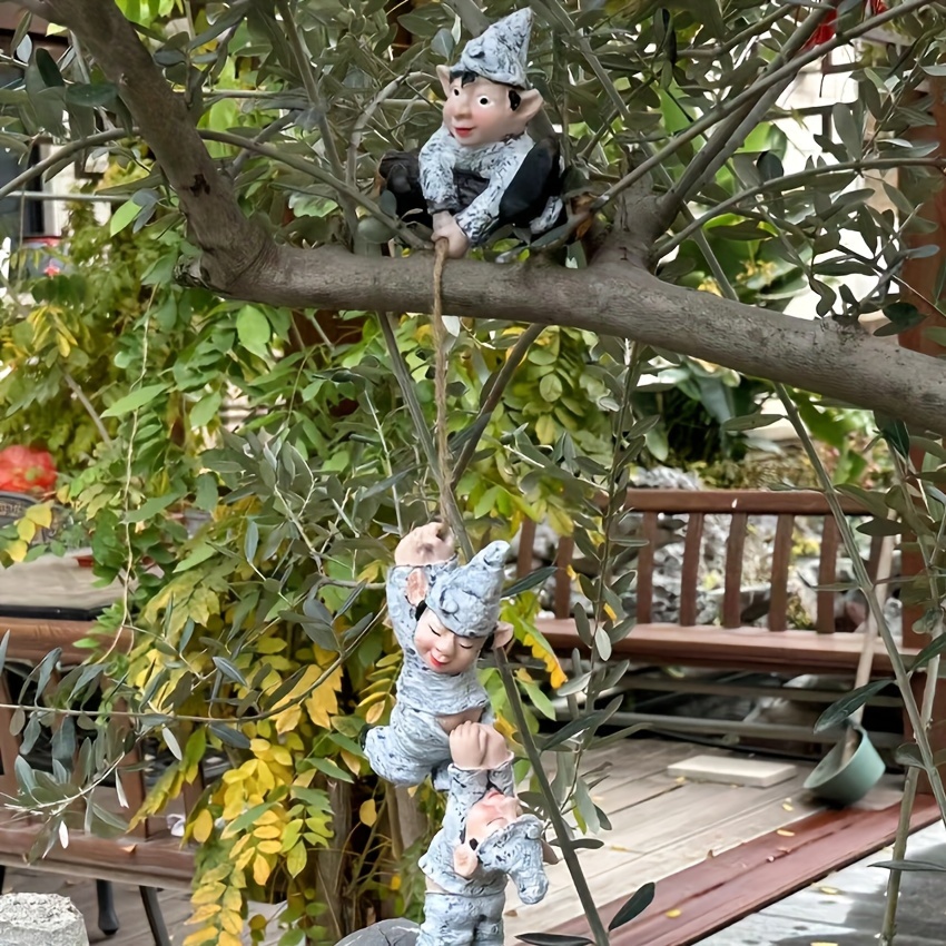 

1 Set Large Size Gnome Climbing With 3 Tiny Figurines Mini Garden Hanging Resin Craft Ornament For Home Decoration, Yard Art Decor