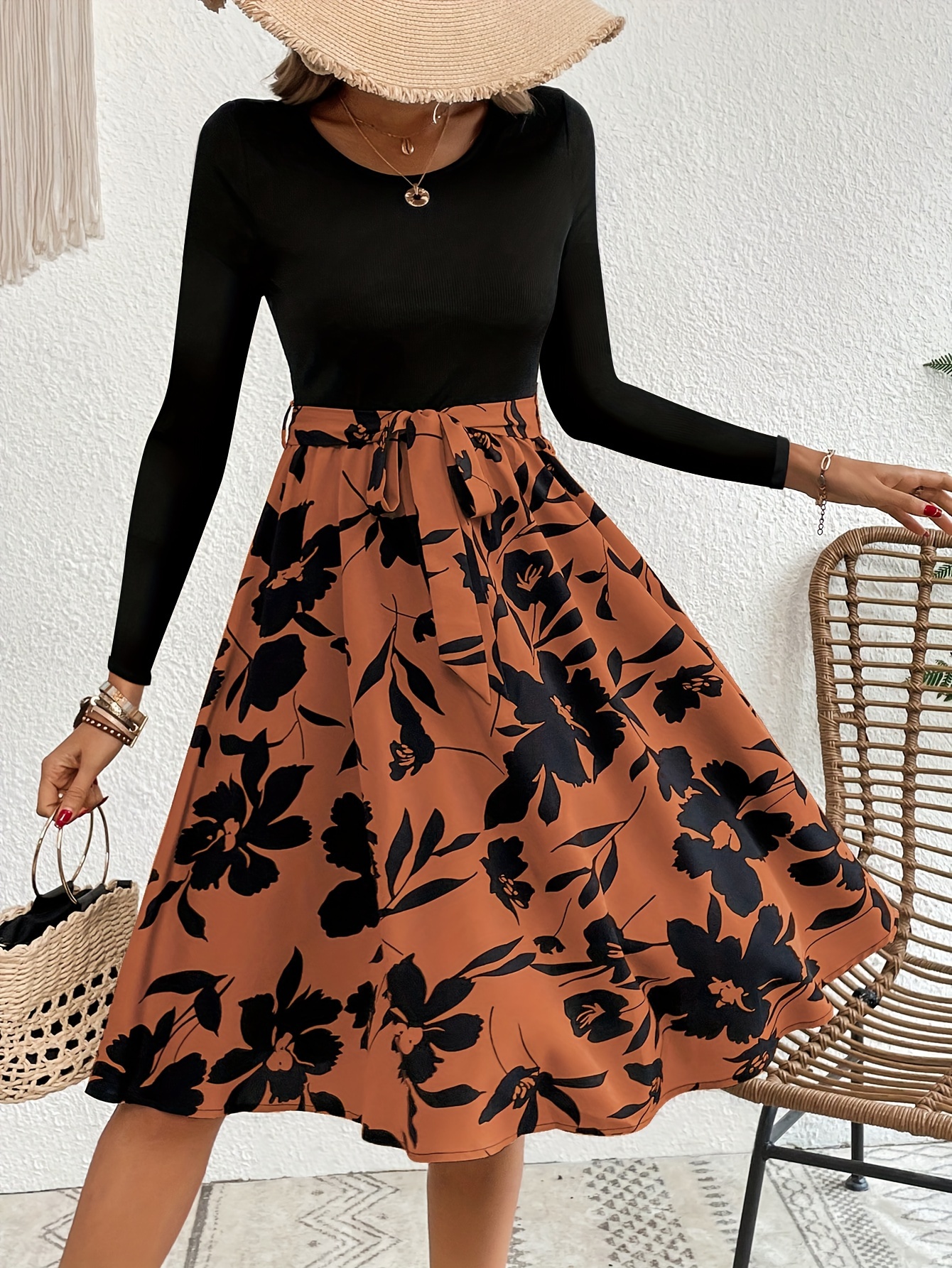 Autumn Floral Tie Neck Dress