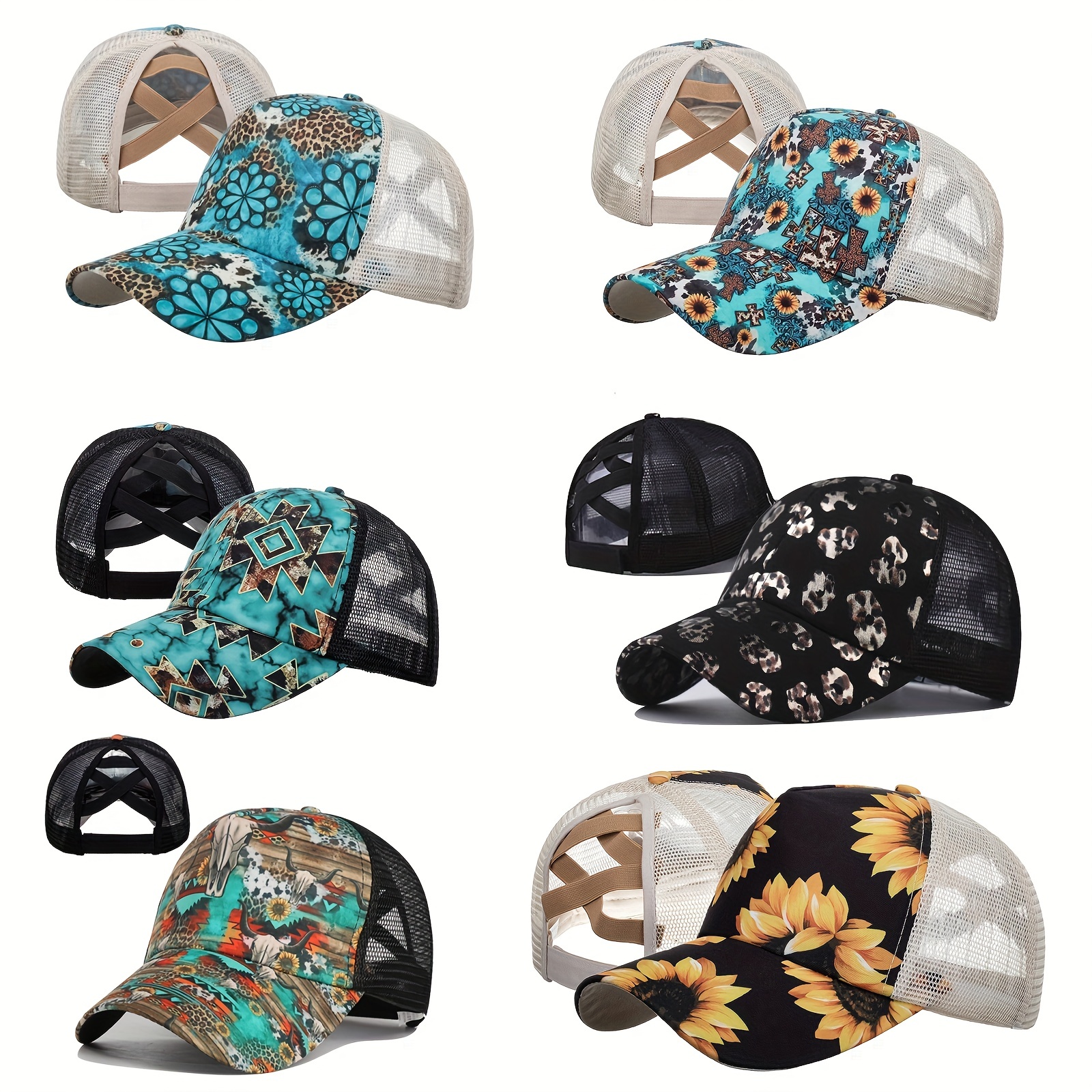 

Sunflower Print Ponytail Baseball Mesh Breathable Adjustable Trucker Hats Lightweight Sunshade Golf Sports Dad Hats For Women