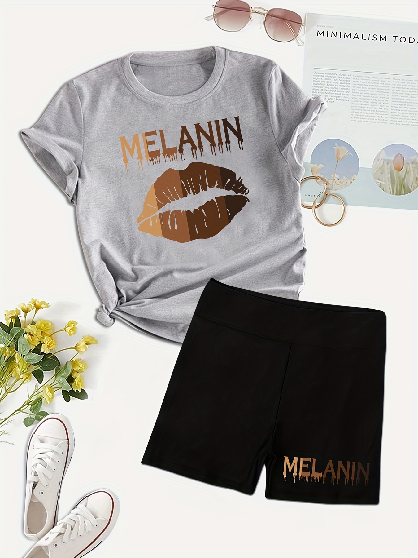 Melanin Print Matching Two piece Set Casual Short Sleeve T - Temu