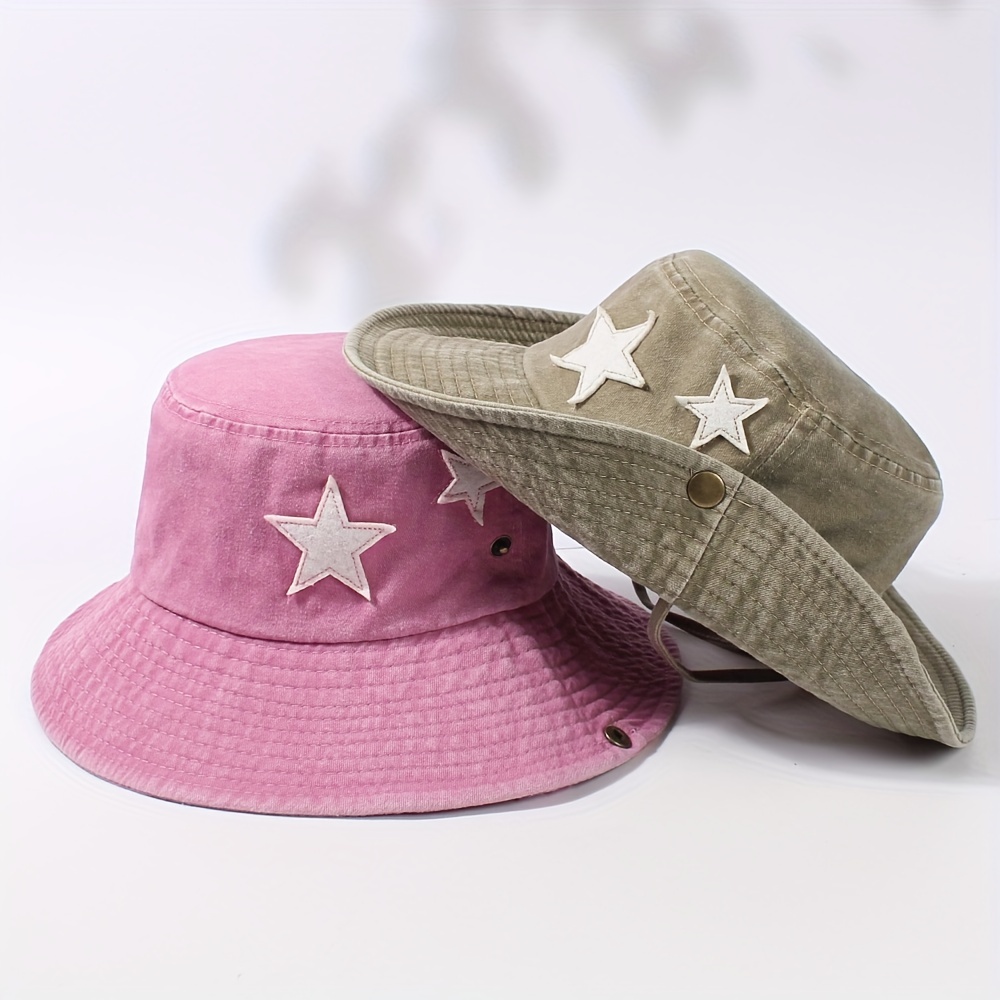 Star Patch Western Bucket Hat Washed Distressed Cotton - Temu