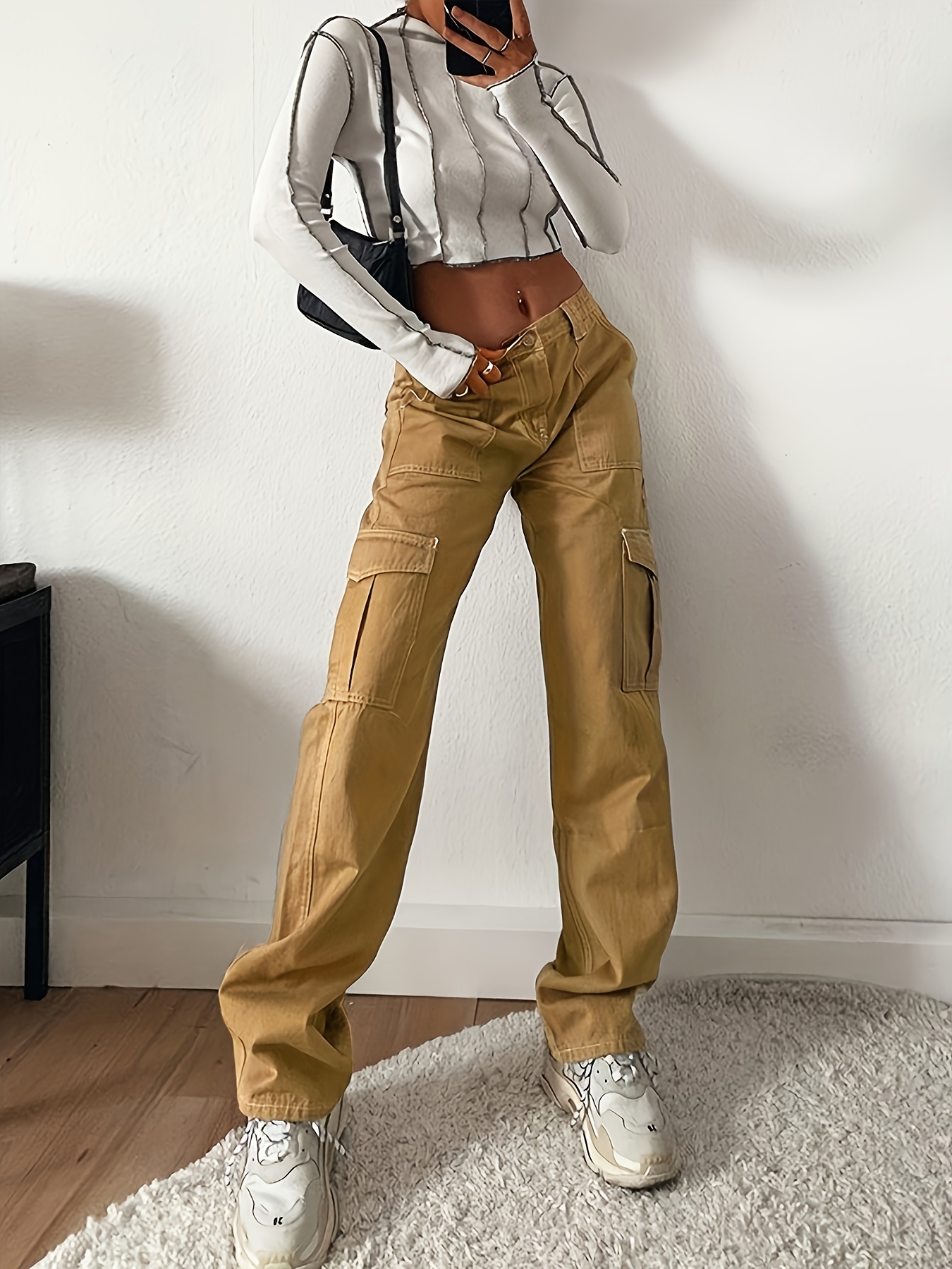Women's Elastic Waist Cargo Pants Solid Color Loose-Fit Straight