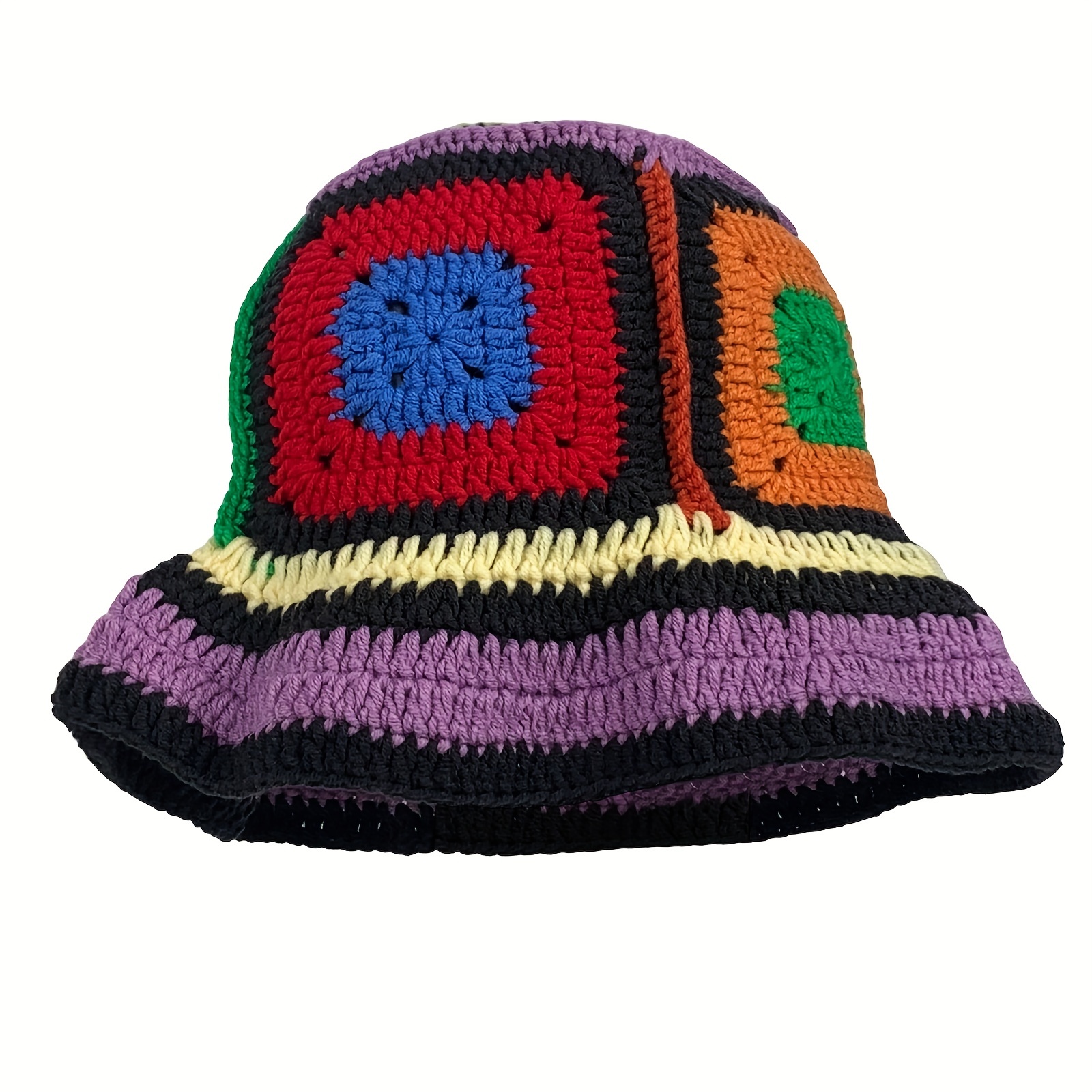 

Boho Flower Crochet Bucket Hat Elegant Color Block Y2k Cloche Hats Vintage Knit Hat Breathable Beanies For Women