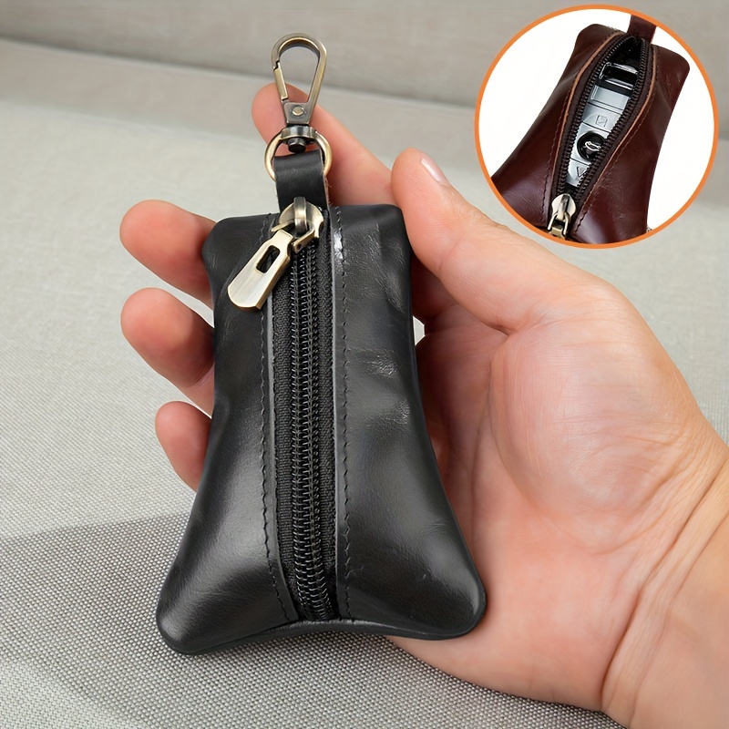 Real Cow Leather Key Bag Double Zipper Keychain Wallet Coin Purse With  Metal Hook - Temu
