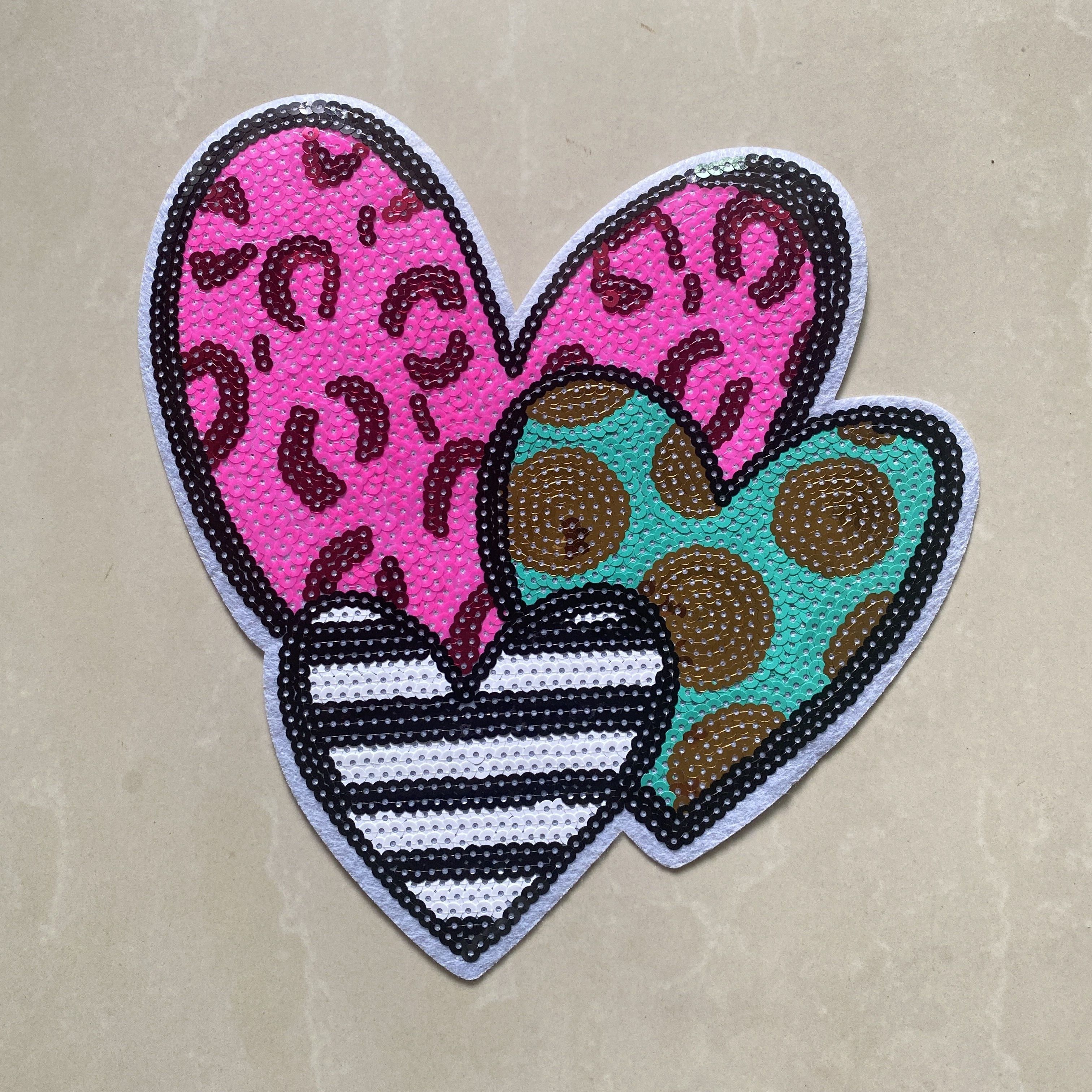 2 Sequin Heart Patches Iron on Patch Gold and Red Love Heart Applique 