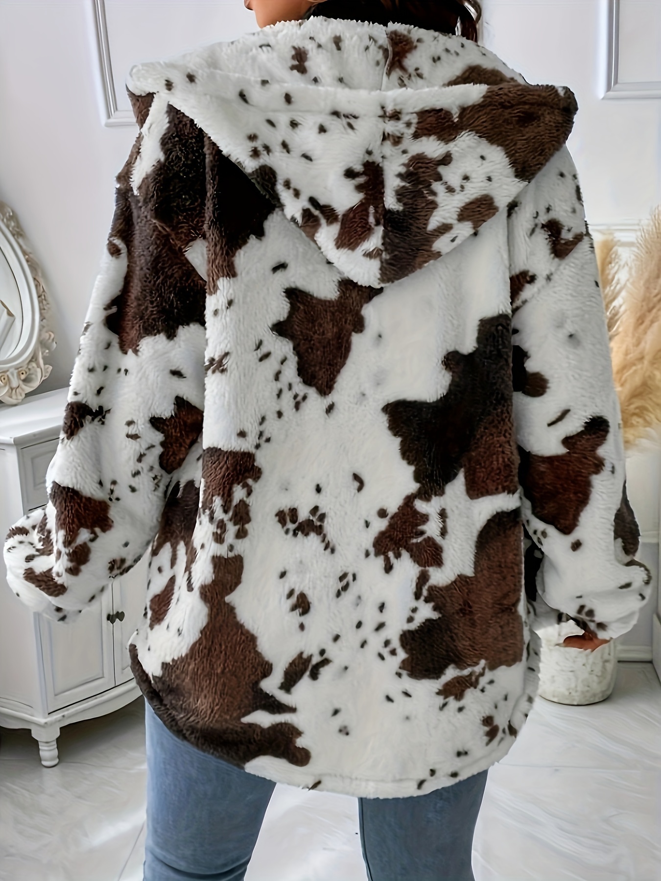 Plus Size Casual Faux Fur Coat Women's Plus Cow Print Teddy - Temu