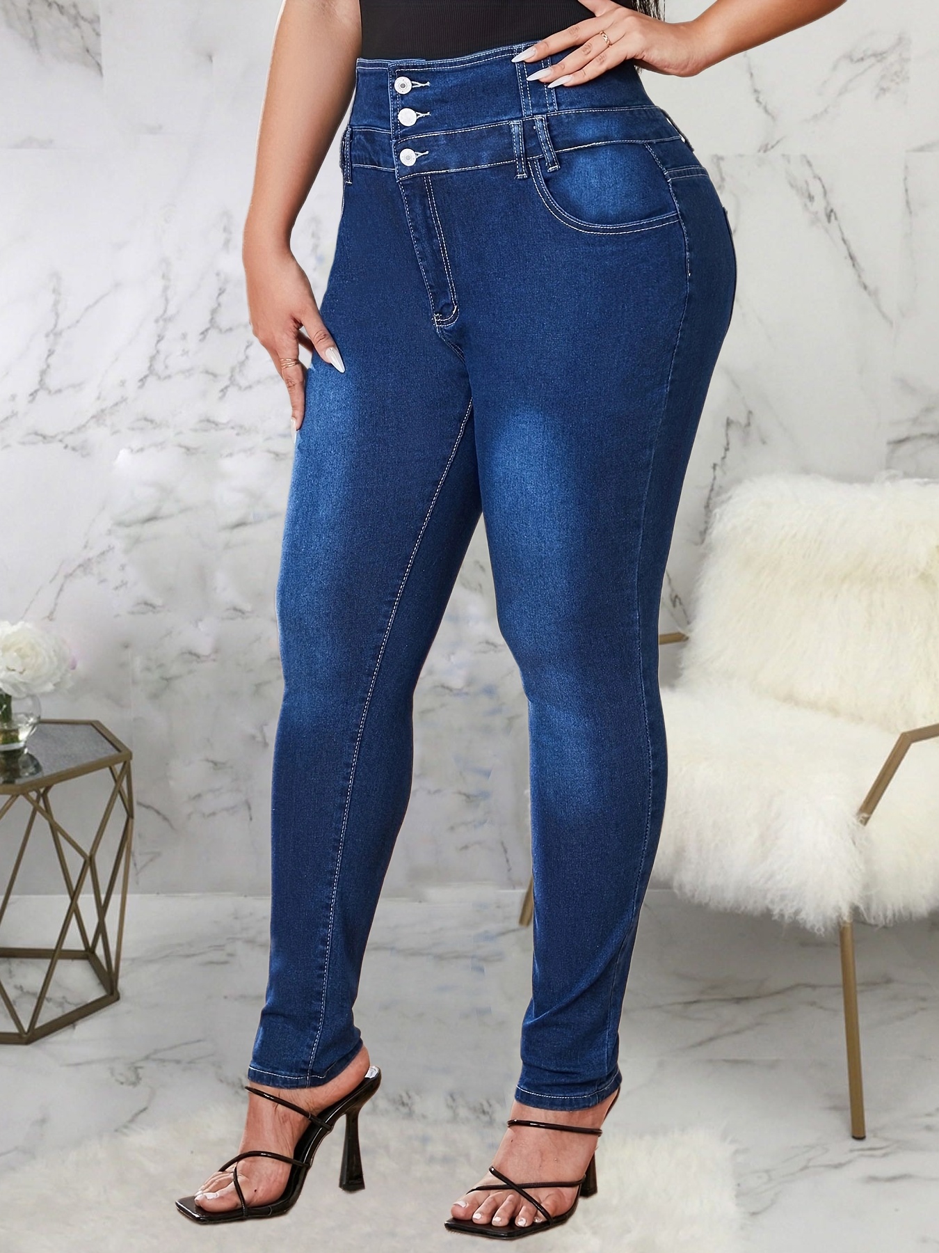 Jeans ajustados de talle alto con botones de talla grande, pantalones de  mezclilla básicos cómodos de alto estiramiento para mujer