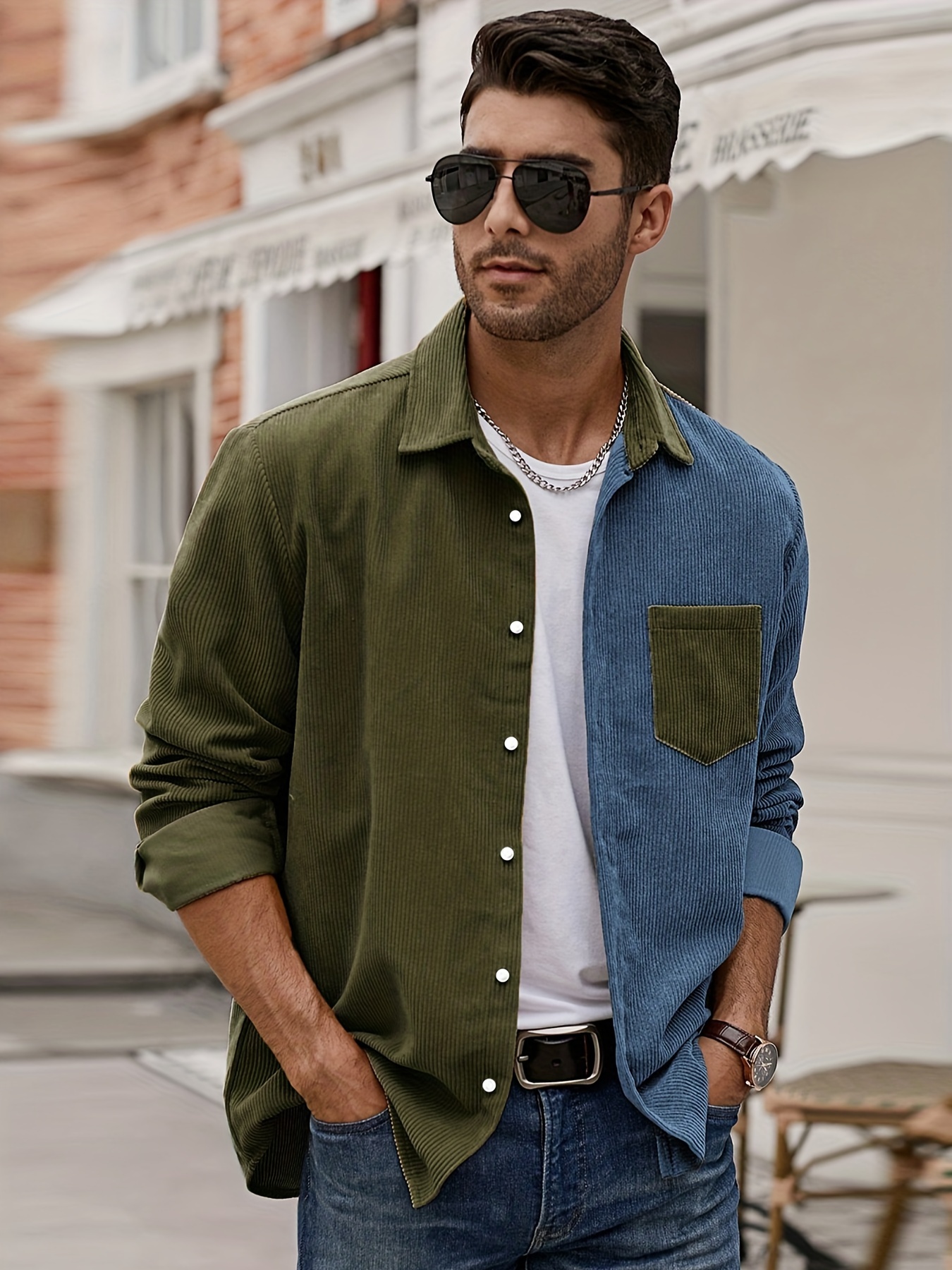 Casual * Color Block Button Up Shirt, Men's Clothes For Spring Fall