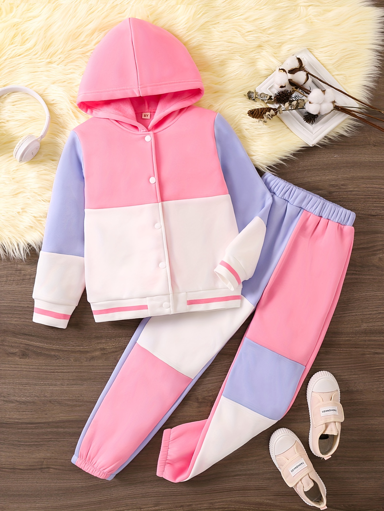 Preppy Style Girls 2pcs Sets, Splicing Hoodies + Jogger Pants For Fall  Sports