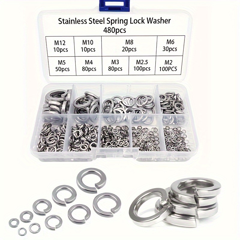 

480pcs Stainless Steel Spring Lock Washers, Open Spring Washers M2m3m4m5m6m10m12 Elastic Open Spring Washers