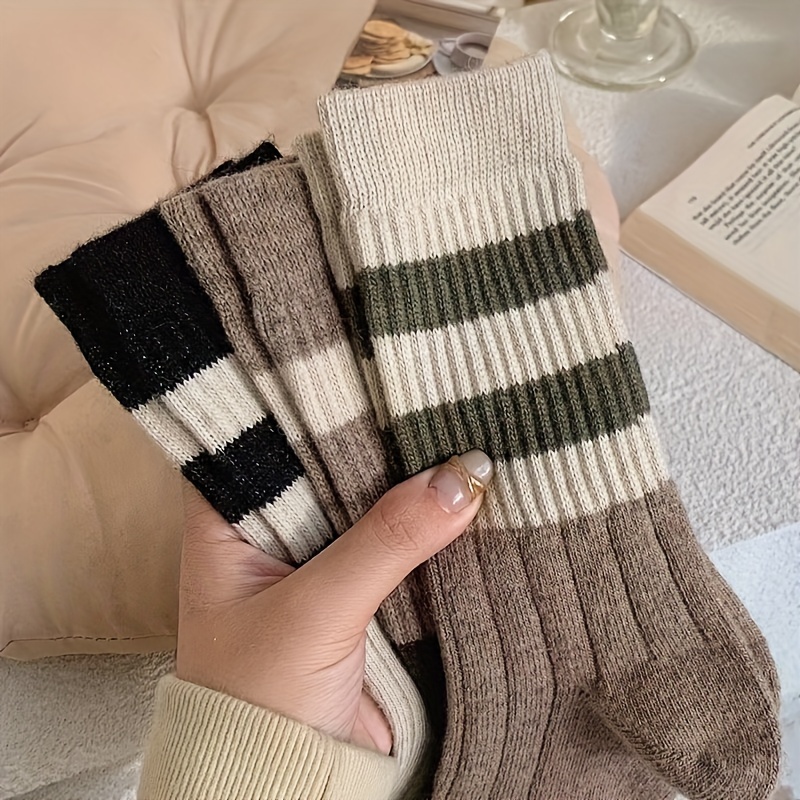 

5 Pairs Striped Print Socks, Comfy & Warm Mid Tube Socks, Women's Stockings & Hosiery