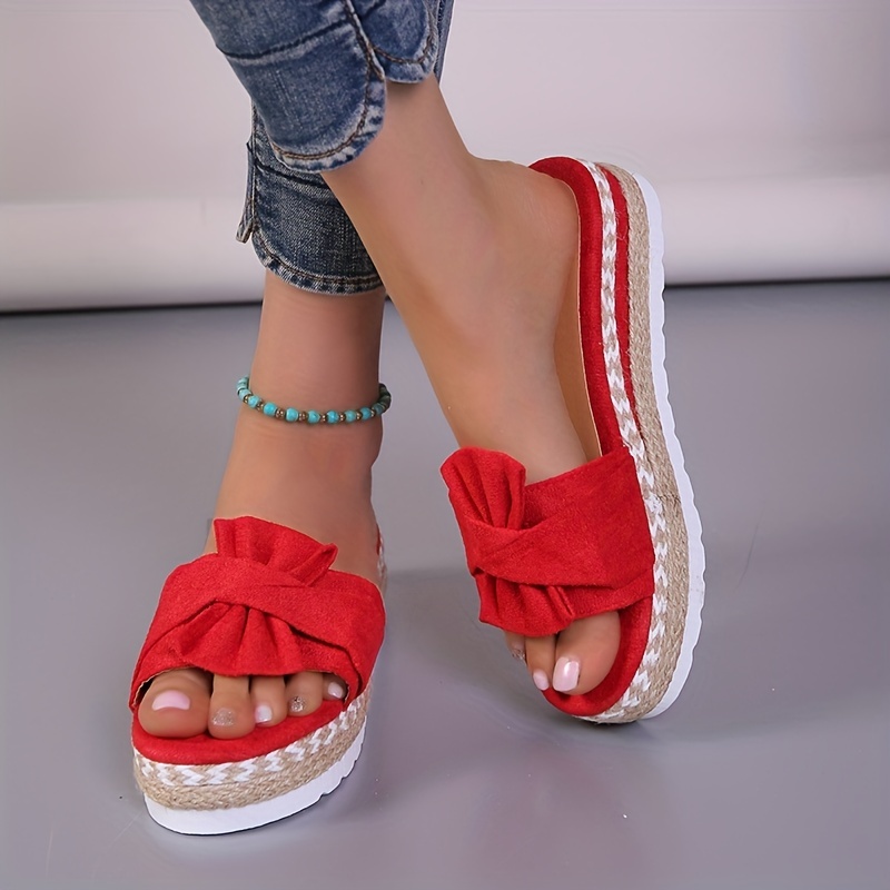 womens platform espadrilles slippers bow open toe solid color anti skid slippers casual beach slides details 8