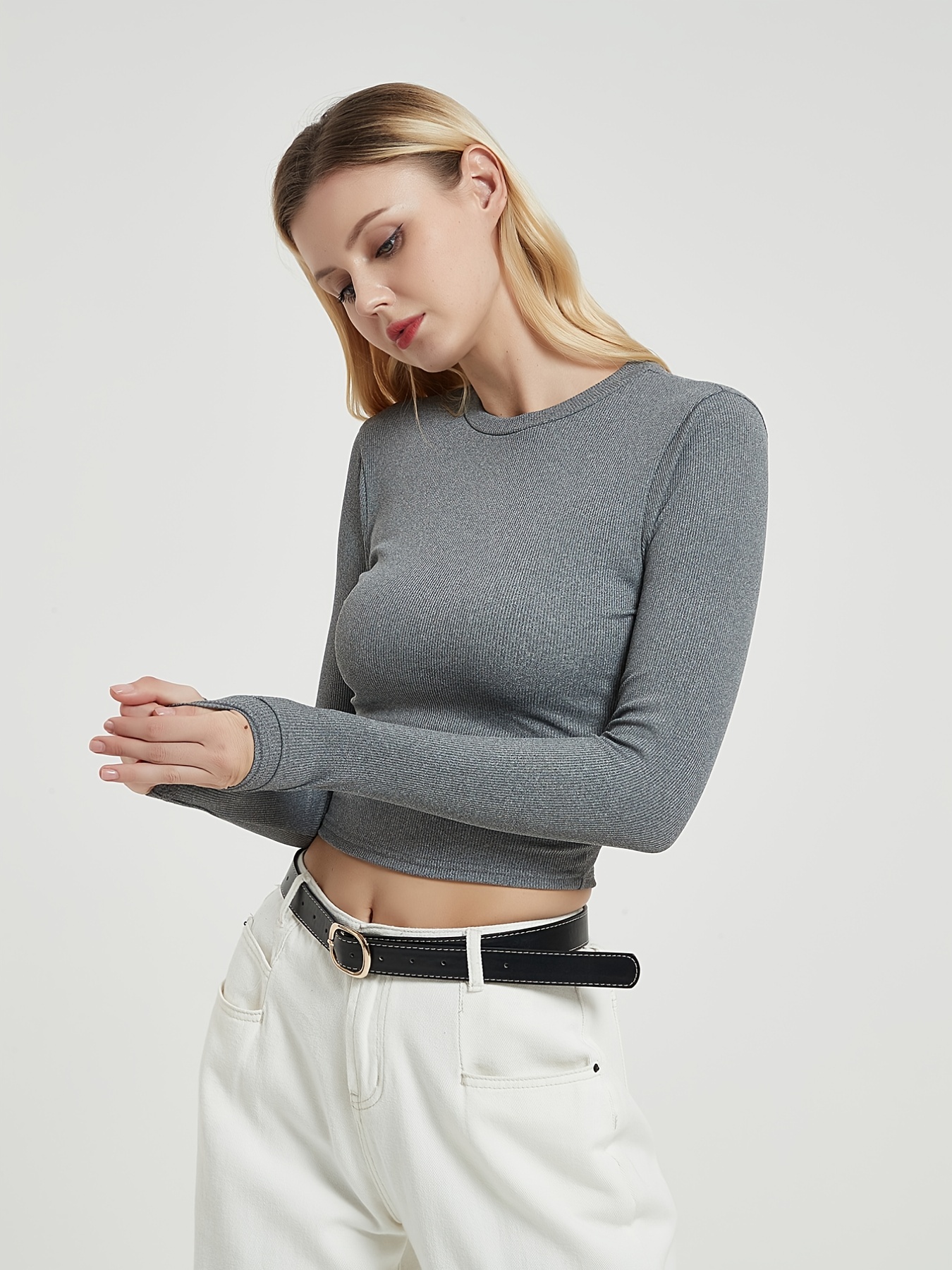 Women's Long Sleeve Ribbed Fitted Crew Neck Basic Short Crop
