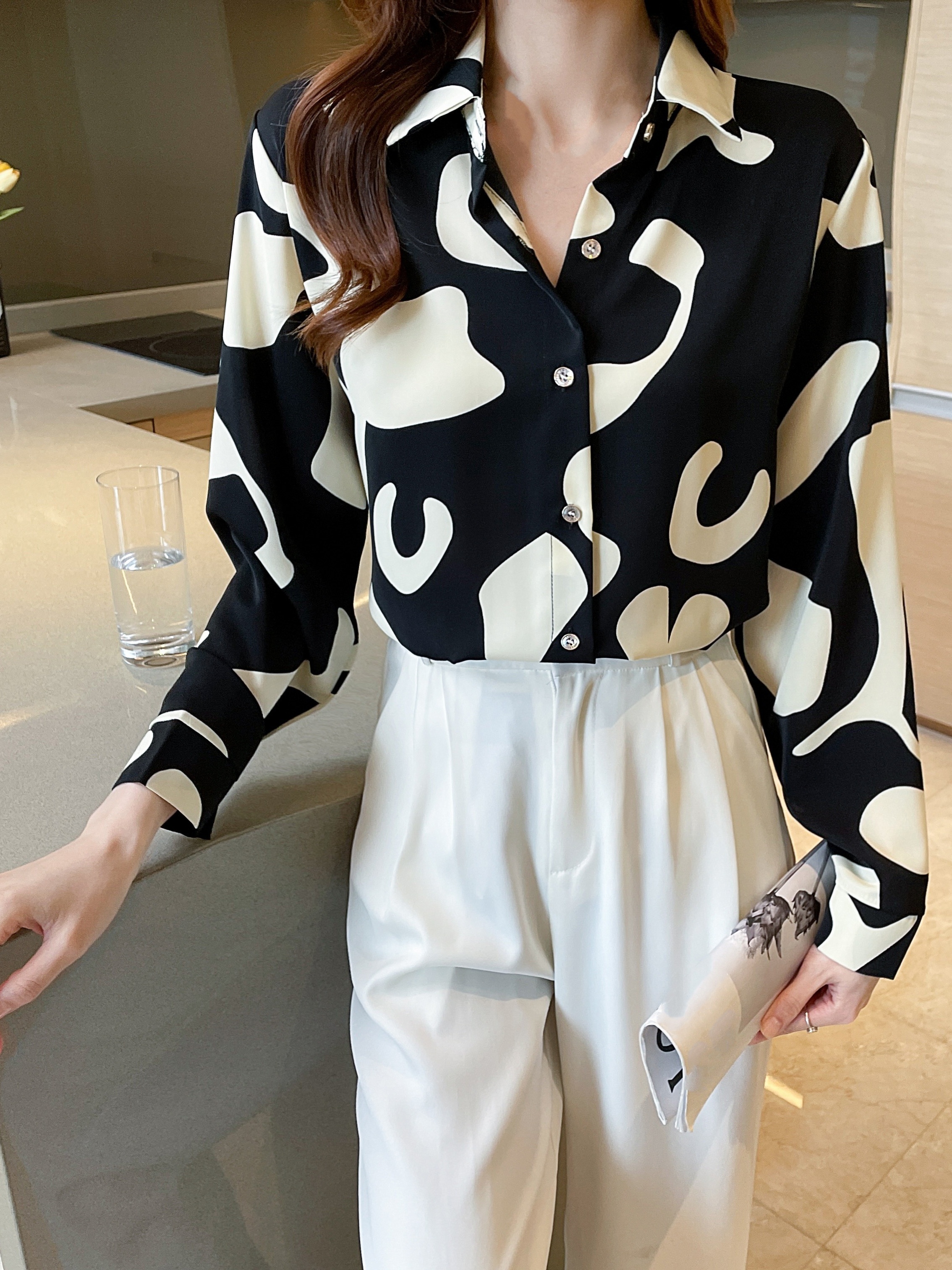 Geo Print V-neck Loose Lapel Blouses, Casual Button Down Long Sleeve  Fashion Shirts Tops, Women's Clothing