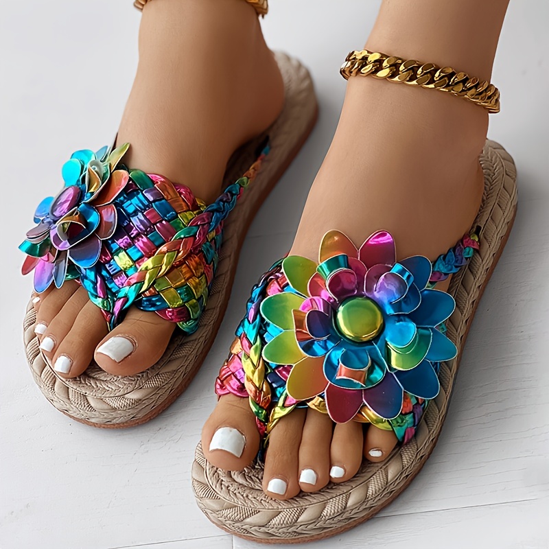 Women's Colorful Floral Decor Thong Sandals Slip Open Toe - Temu