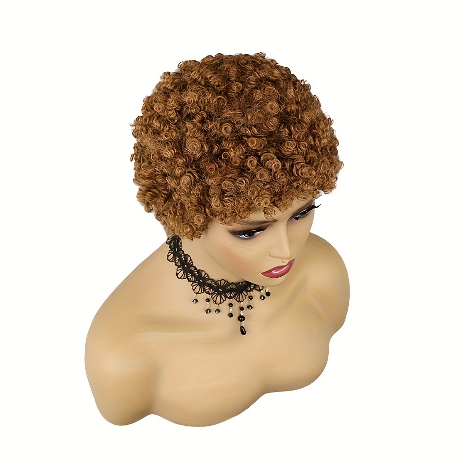 Short Human Hair Wigs Pixie Cut For Black Women Remy Curly Brazilian Summer  Brown Wig Human