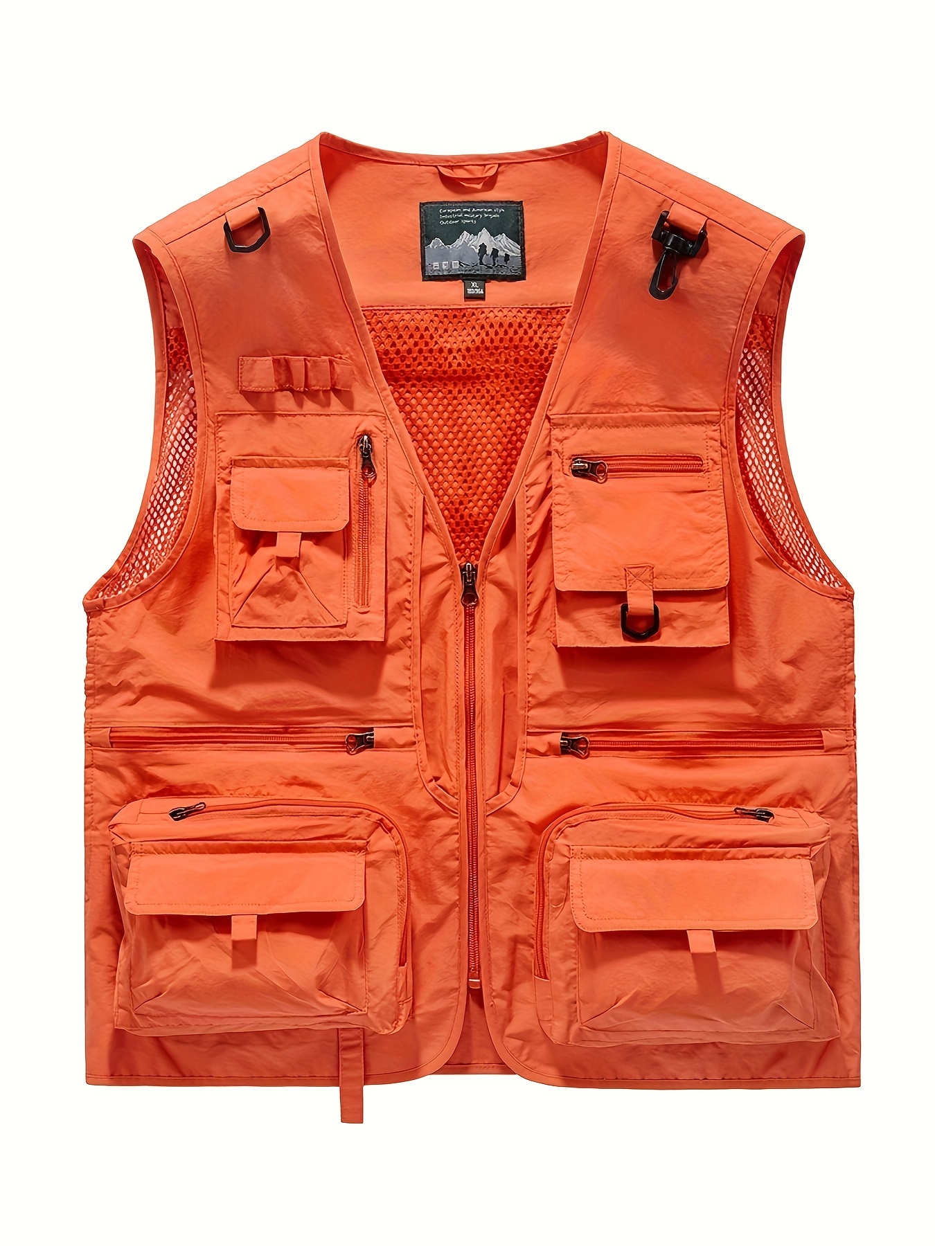 Temu Spring/Fall Non-Stretch Casual Photography, Men's V-Neck Solid Fishing Zipper Pockets Cargo Vest Outwear Zip Up, Orange Lightweight Utility Vest