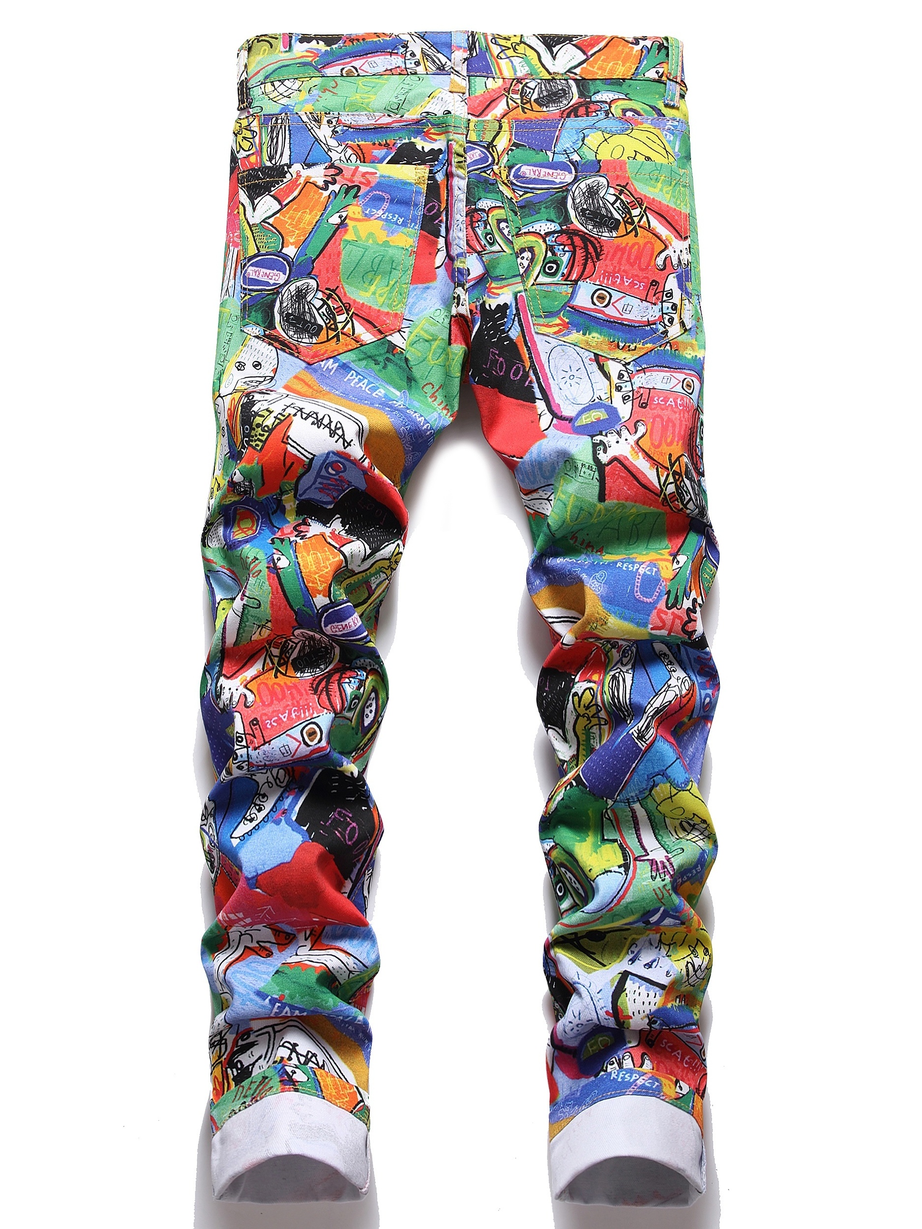 New Men's Stylish Jeans Bear Graphic Stretch Graffiti Print Jeans - Temu