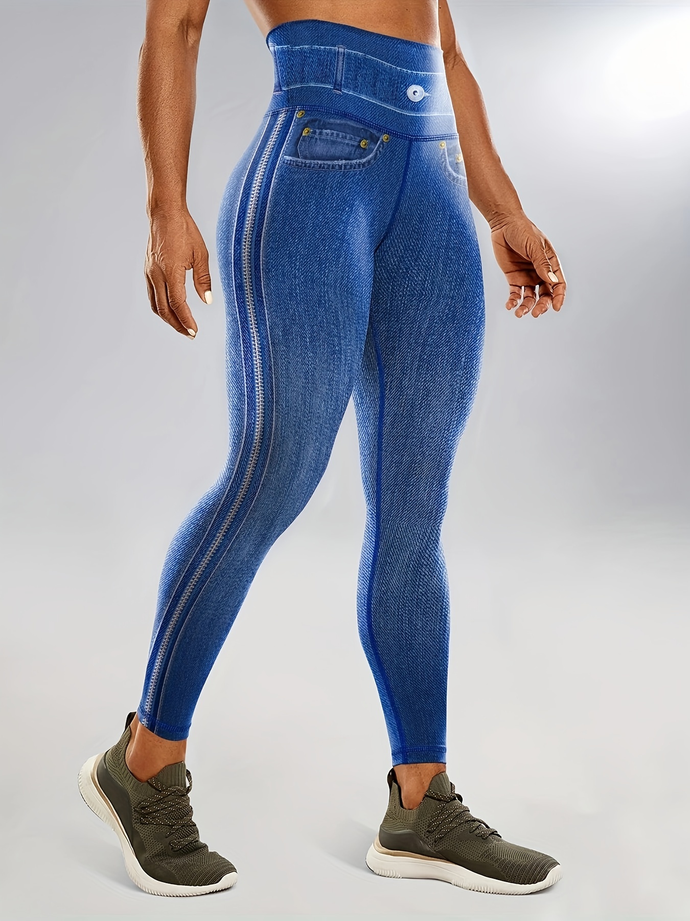 Faux Denim Jeans Print Yoga Sports Leggings With Faux Zipper Decor