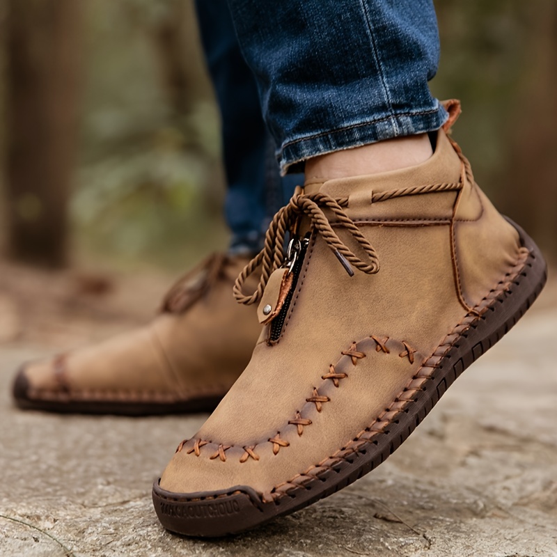 Men's Boots Stitching Zipper Ankle Boots Vintage Style Rubber Sole Outdoor  Shoes Moccasins - Temu