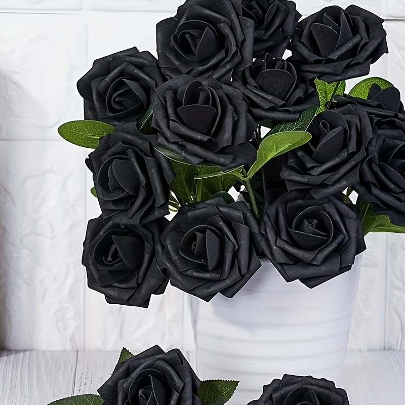 TUZAZO 10pcs Black Roses Artificial Flower Single Stem Fake Silk Flowers Bridal Wedding Bouquet, Realistic Blossom Flora for Home Garden Party
