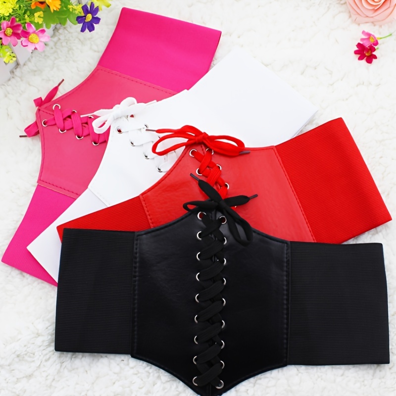 Women Black Corset Fashion Belt - Wide Elastic Waistband Red Rose Flower  Size SM