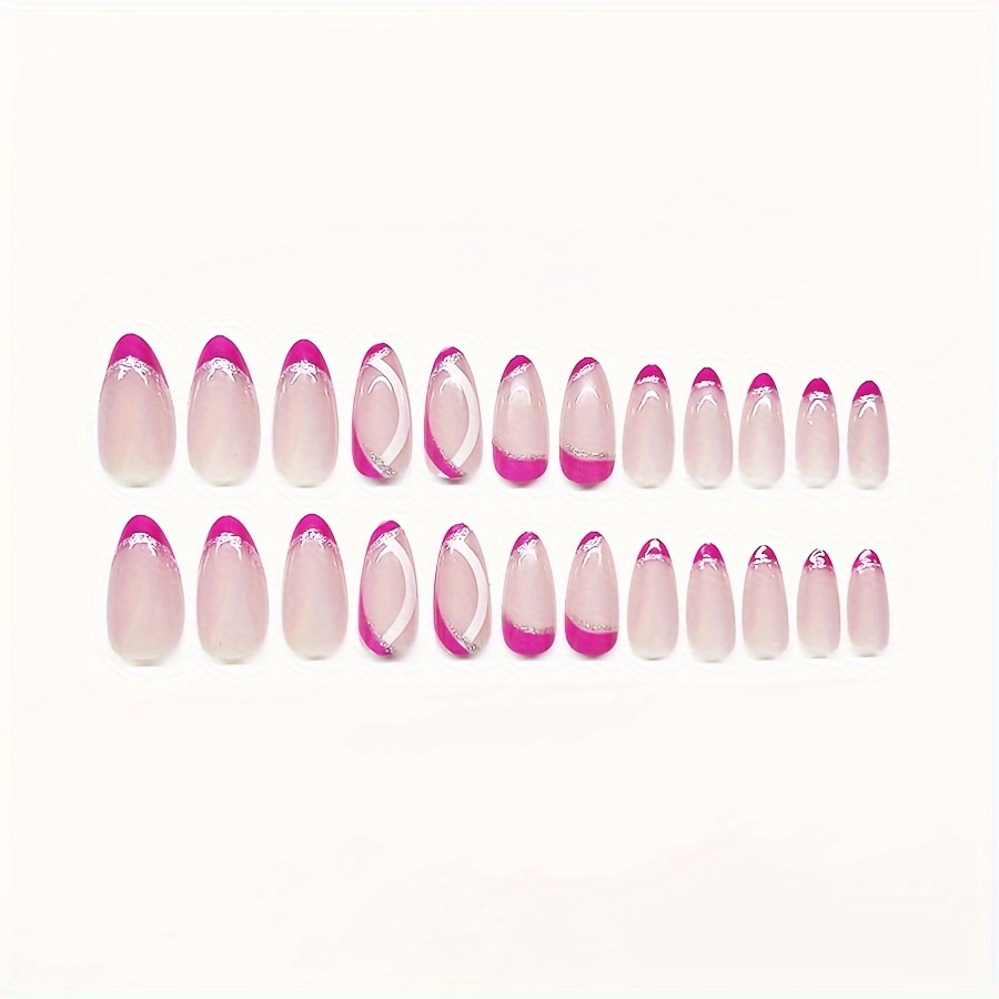 24pcs glossy medium almond fake nails rose purple french tip press on nails with golden glitter line design white stripe false nails for women girls jelly glue and nail file included details 3