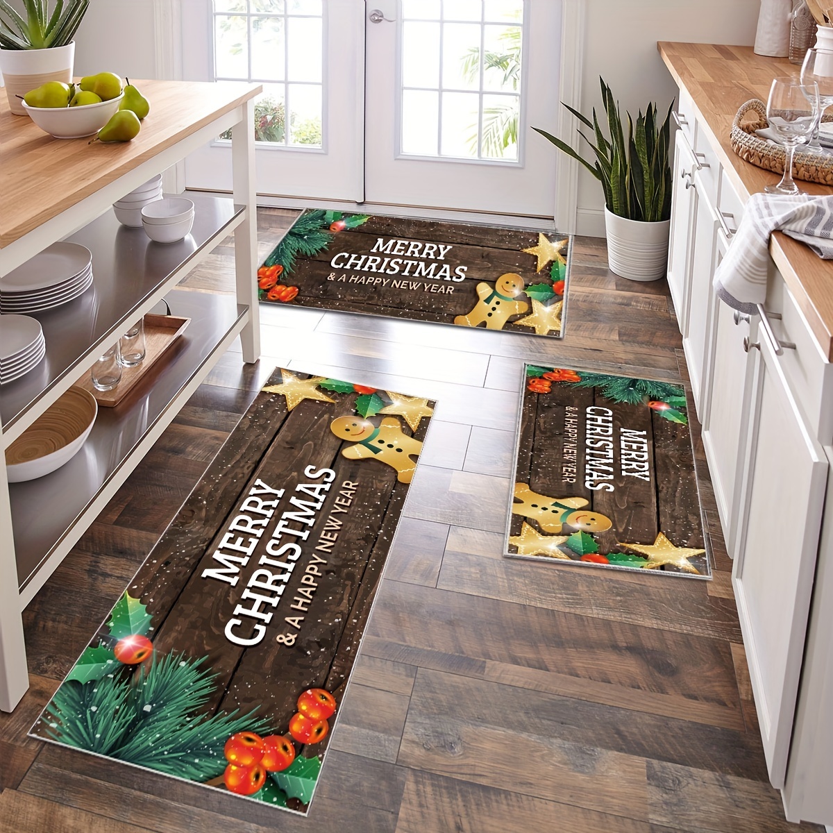 1pc Christmas Themed Floor Mat For Home Use, Cartoon Long Kitchen