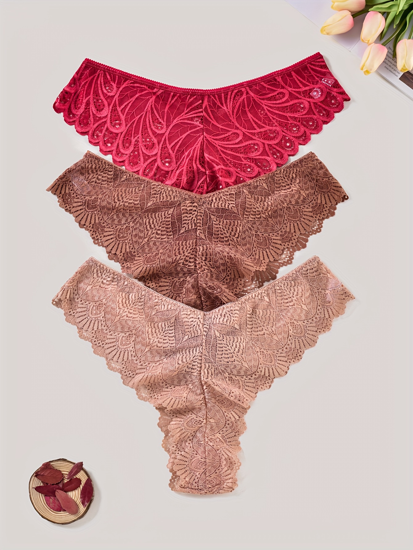 3 Pack Plus Size Elegant Underwear Set, Women's Plus Floral Lace High *  Stretchy Panties Three Piece Set