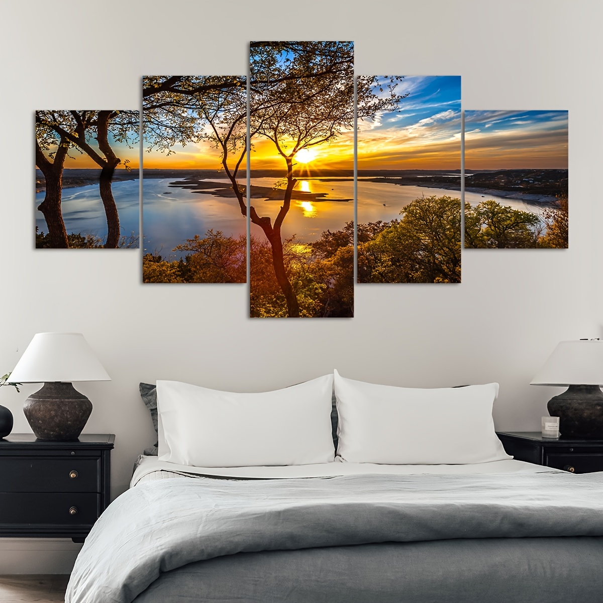 TEMU 2d Flat, (2d/flat)5-piece Art Decorative Canvas Wall Painting, Sunset Landscape Poster, Frameless Landscape Theme Art Print, Ink Medium,
