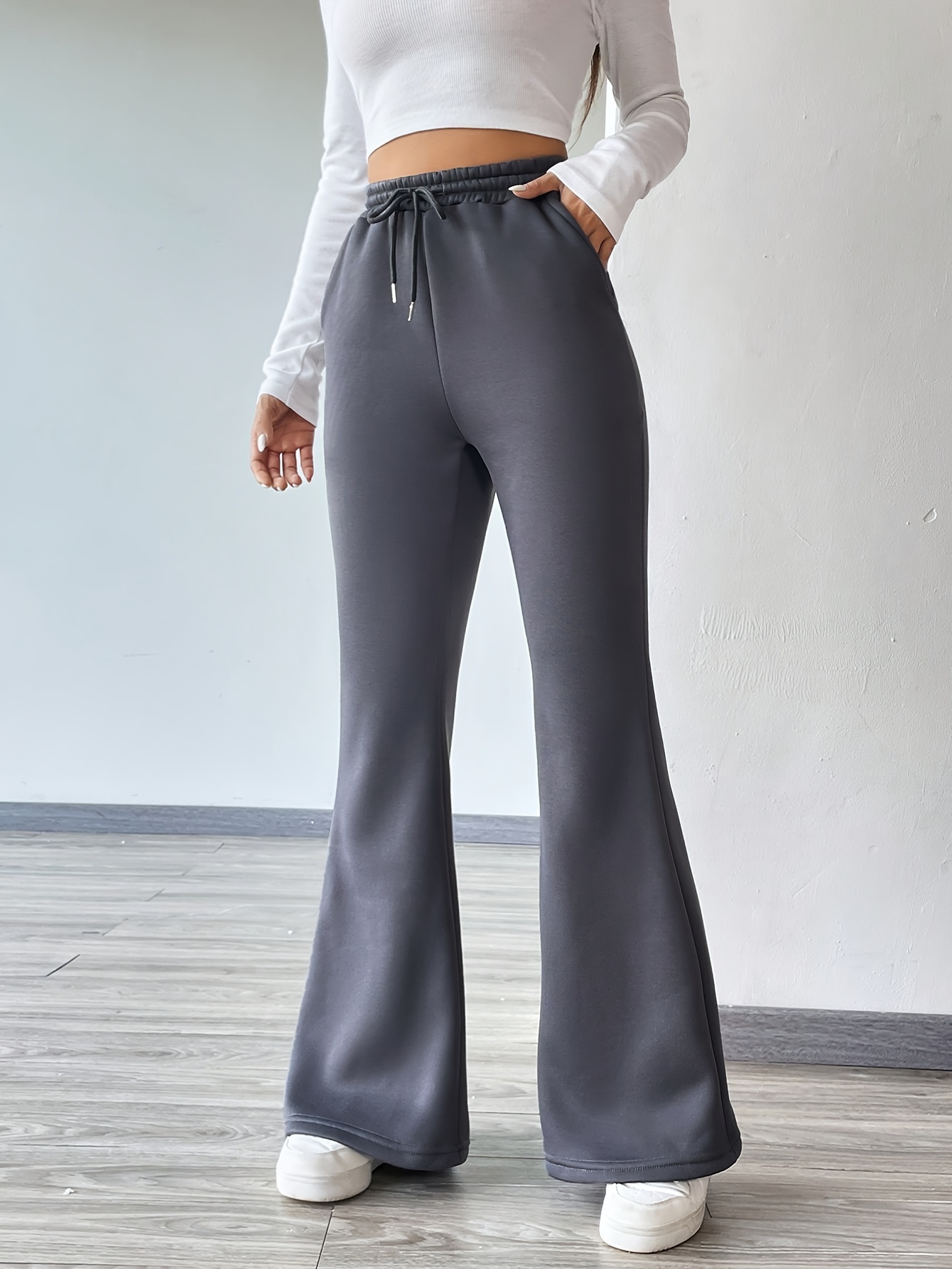 Solid Drawstring Tie Flare Leg Pants Casual Ruched Stretchy - Temu