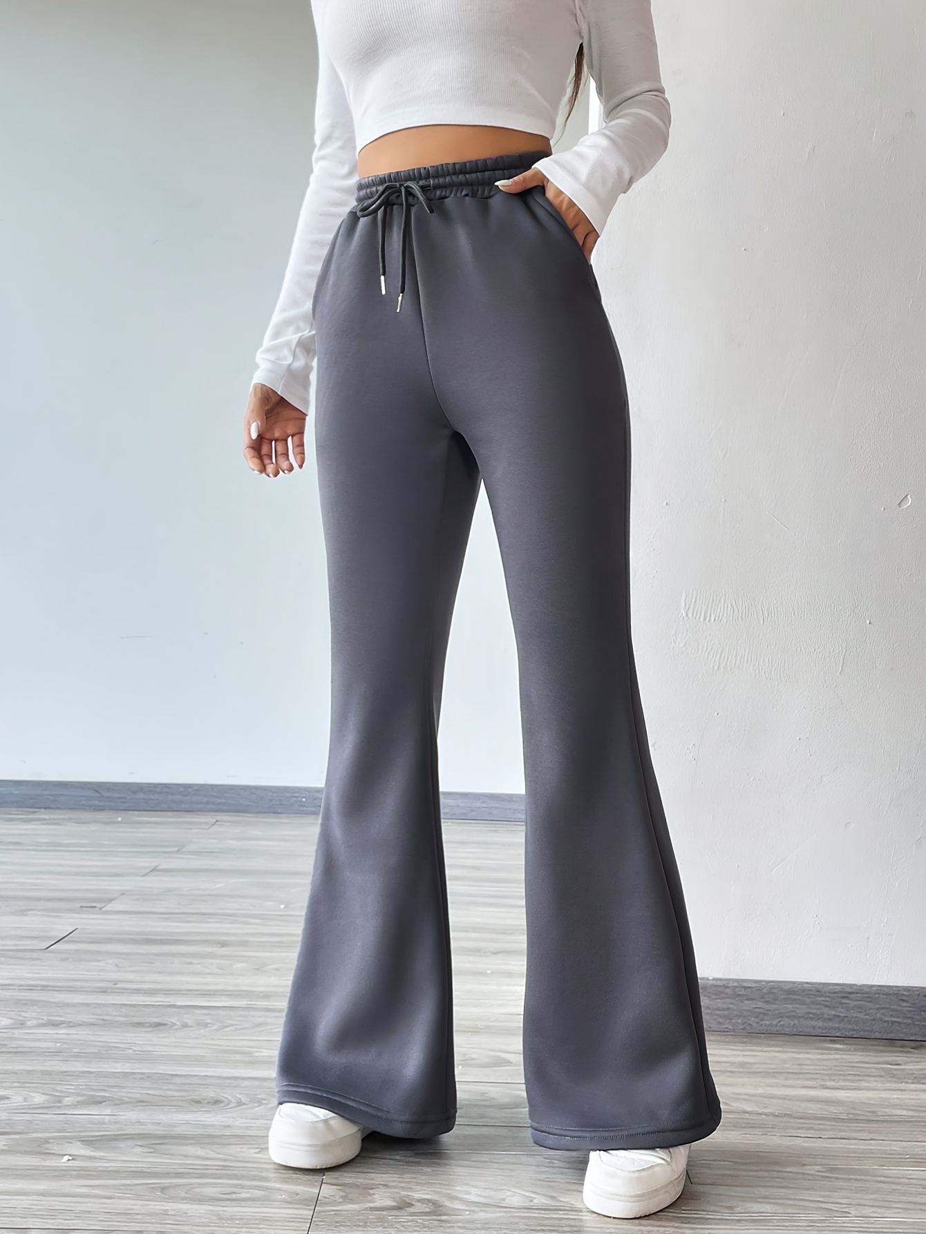 Solid Flare Leg Pants Casual Elastic Drawstring Pants For - Temu