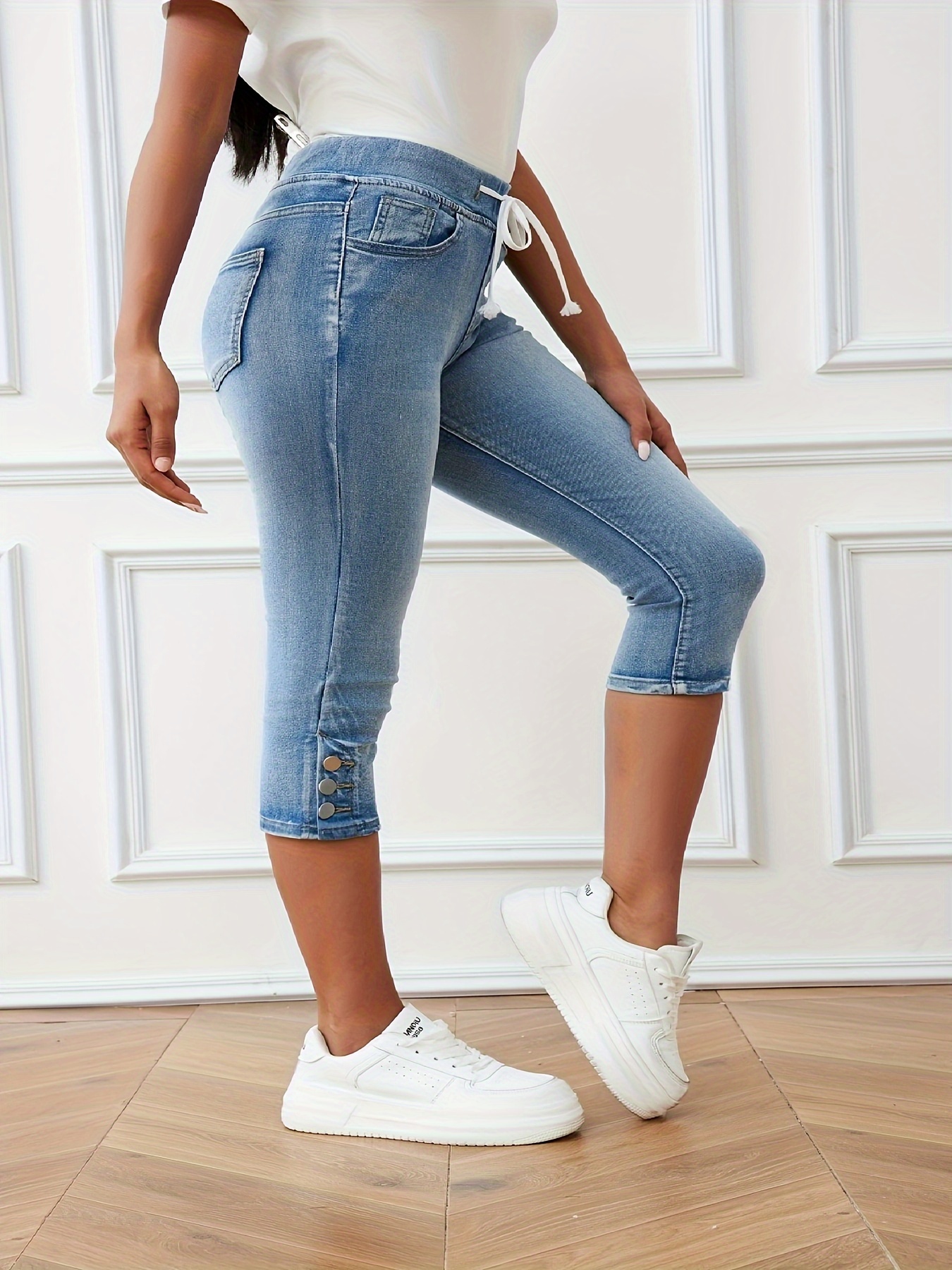 Drawstring Elastic Waist Capris Denim Jeans Slim Fit High - Temu