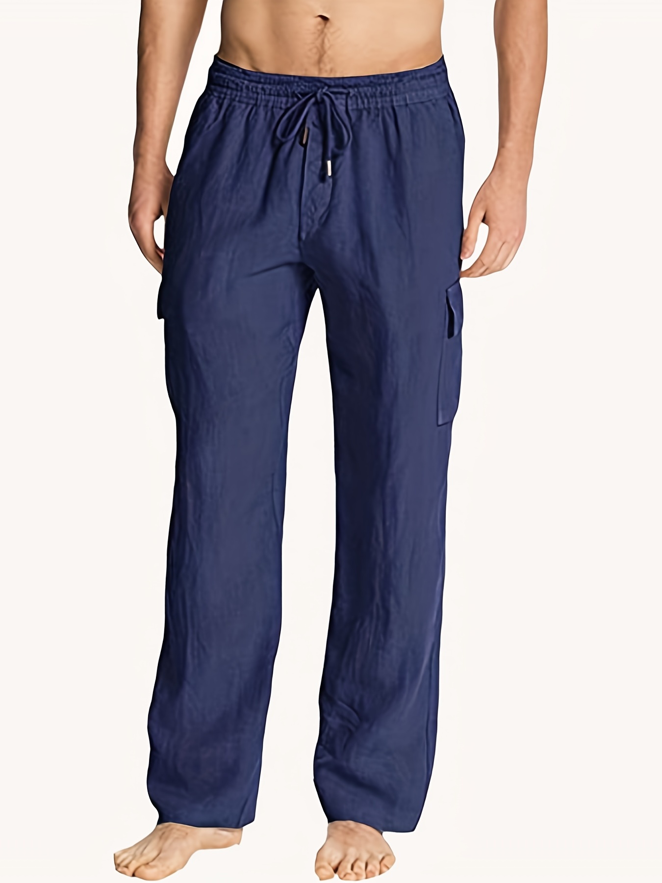 Navy Straight Linen Pants Long Linen Trousers Elasticated Linen